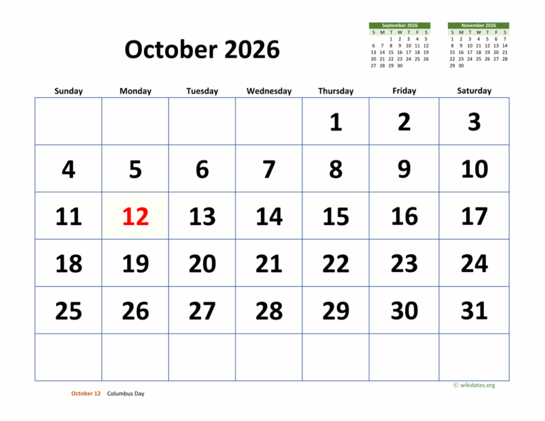 October 2026 Calendar With Extra large Dates WikiDates