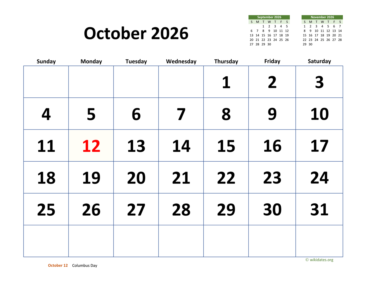 October 2026 Calendar With Extra large Dates WikiDates