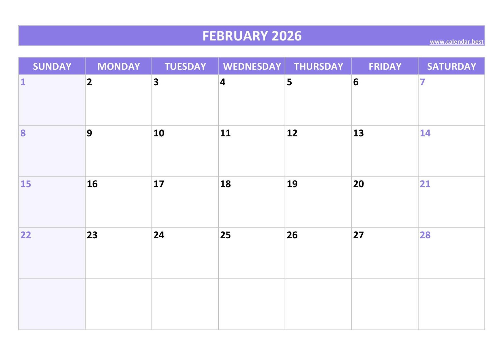 Printable February 2026 Calender