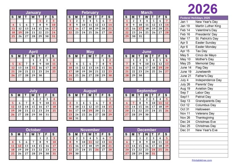 Printable Calendar 2026 One Page With Holidays Single Page 2026 Yearly Blank PDF Templates