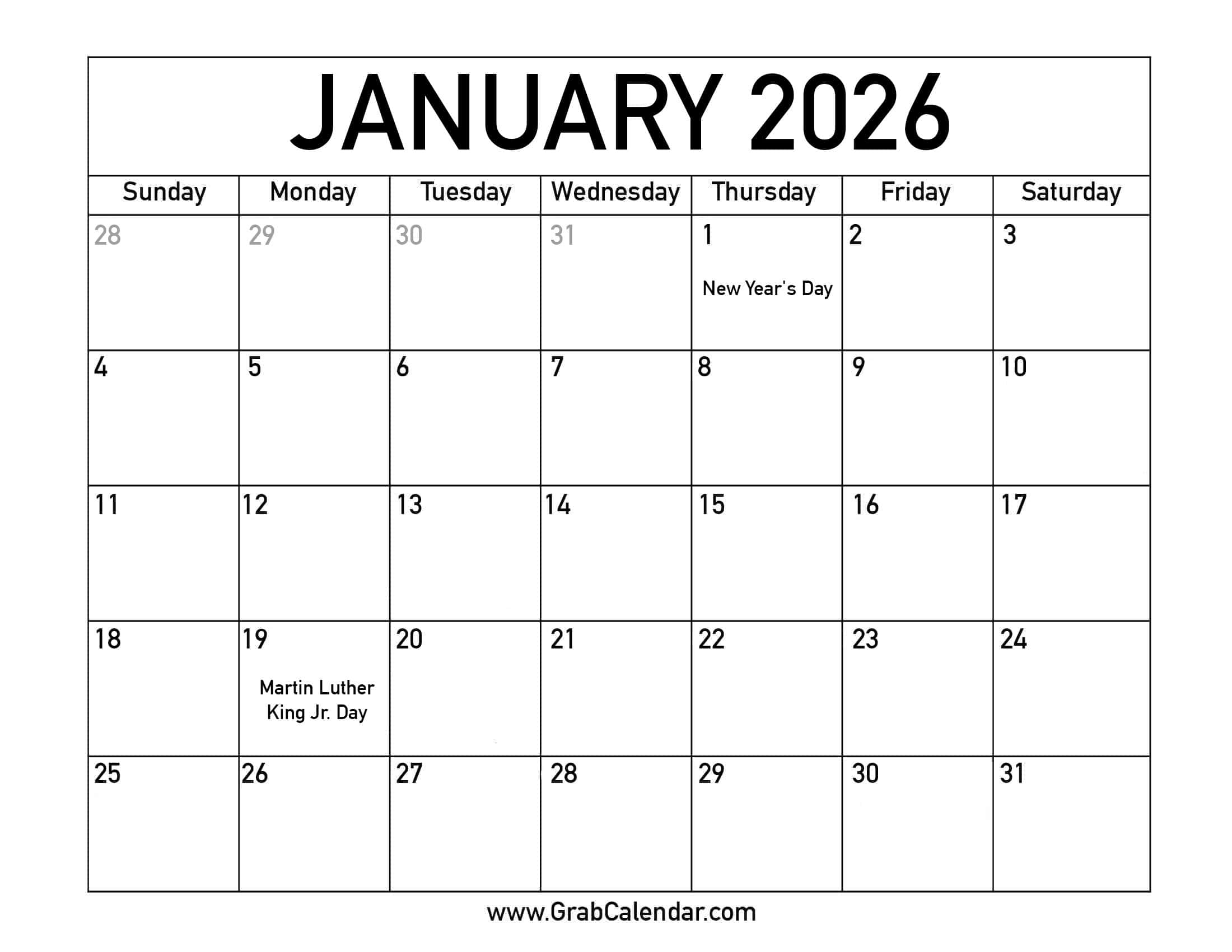 Printable January 2026 Calendar