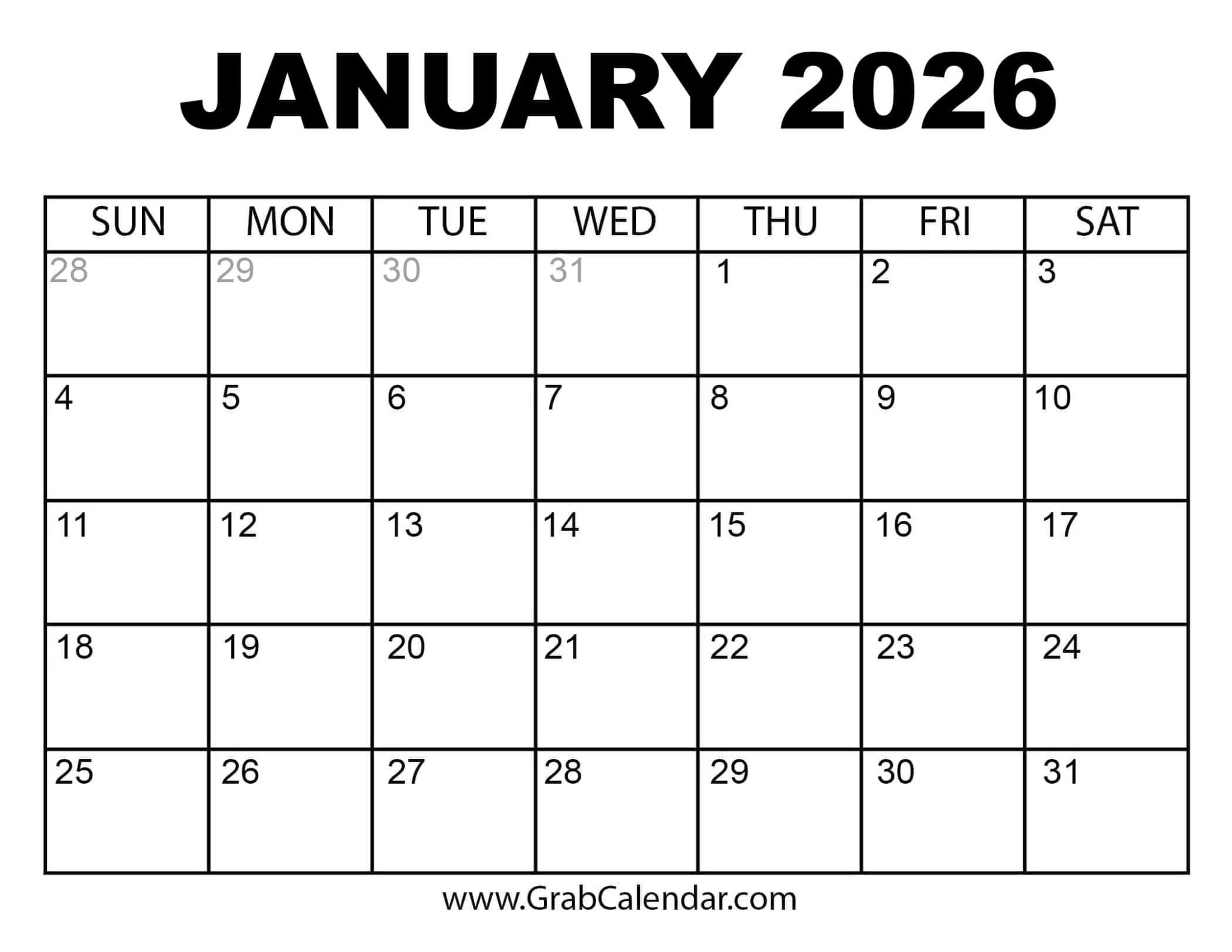 JANUARY 2026 PRINTABLE CALENDAR PDF visual data 3
