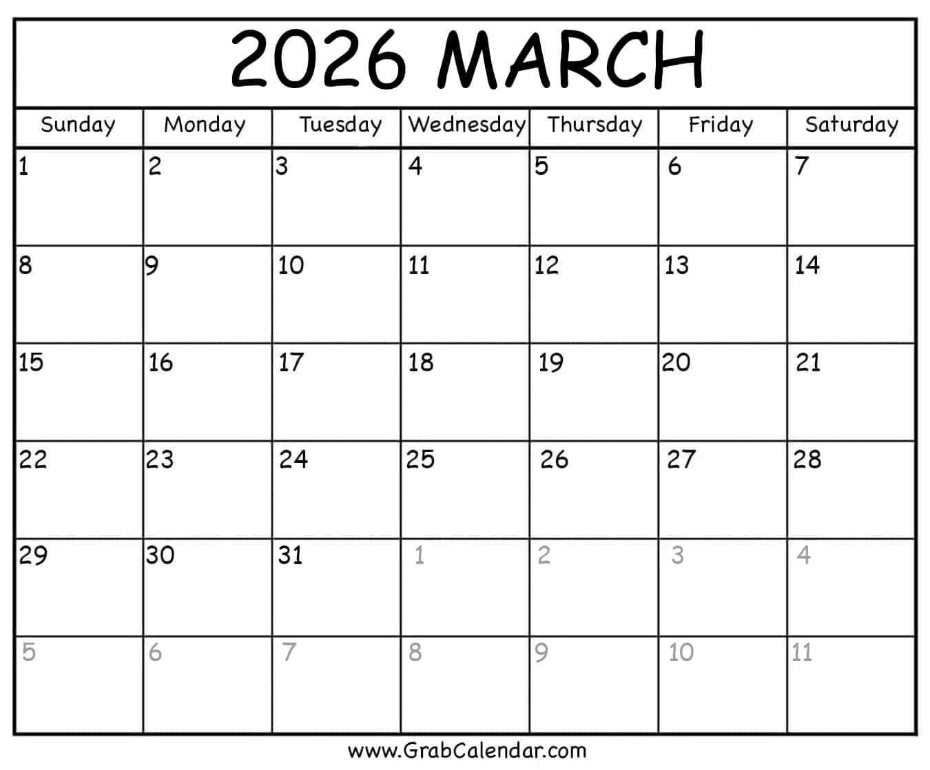 Printable March 2026 Calendar