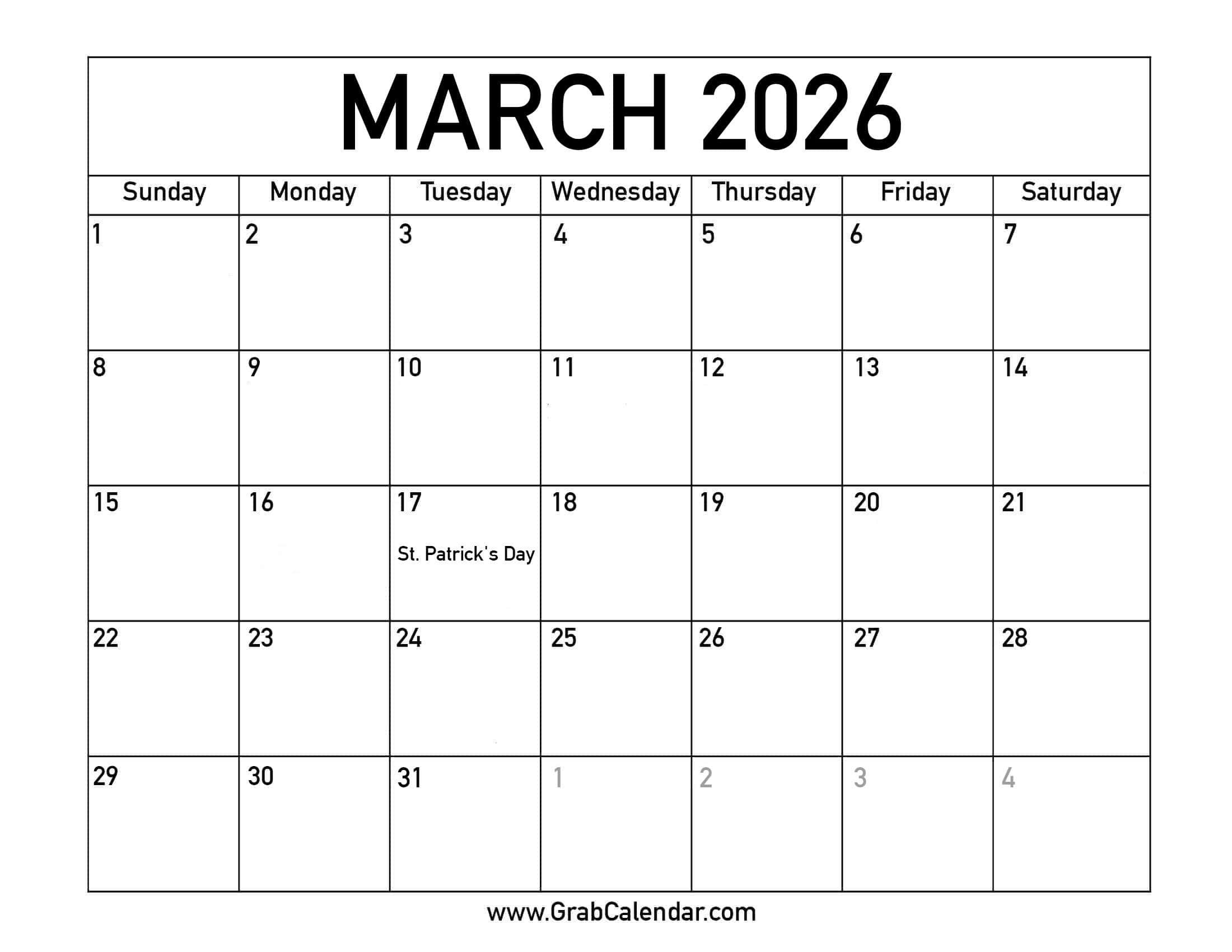 Printable March 2026 Calendar