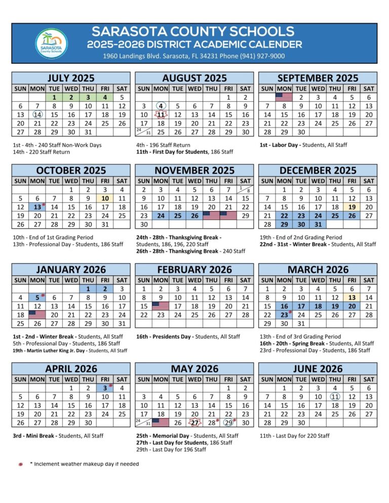 Sarasota County Schools Calendar 25 26 PDF EduCounty