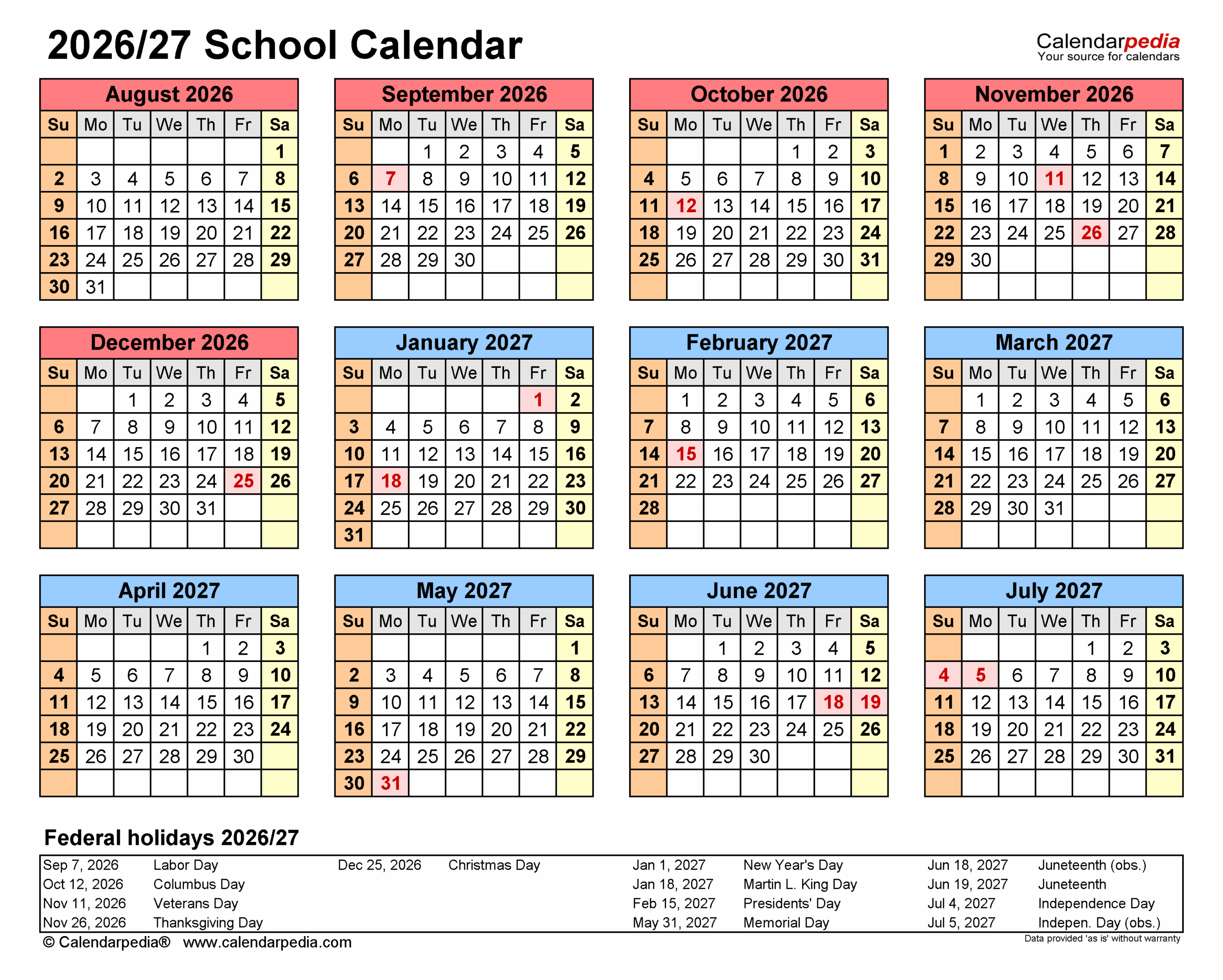 School Calendars 2026 2027 Free Printable PDF Templates