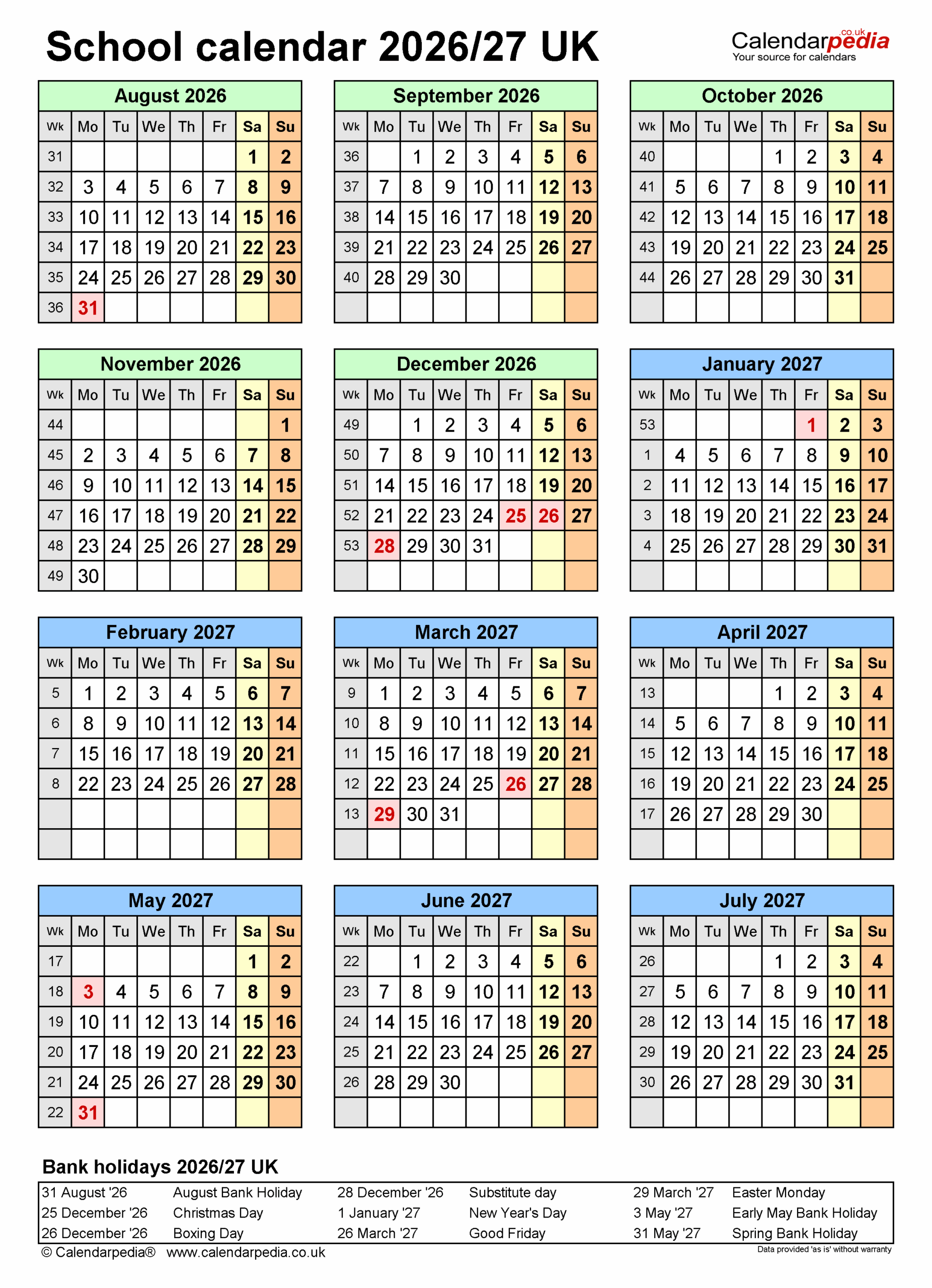 School Calendars 2026 27 UK Free Printable PDF Templates