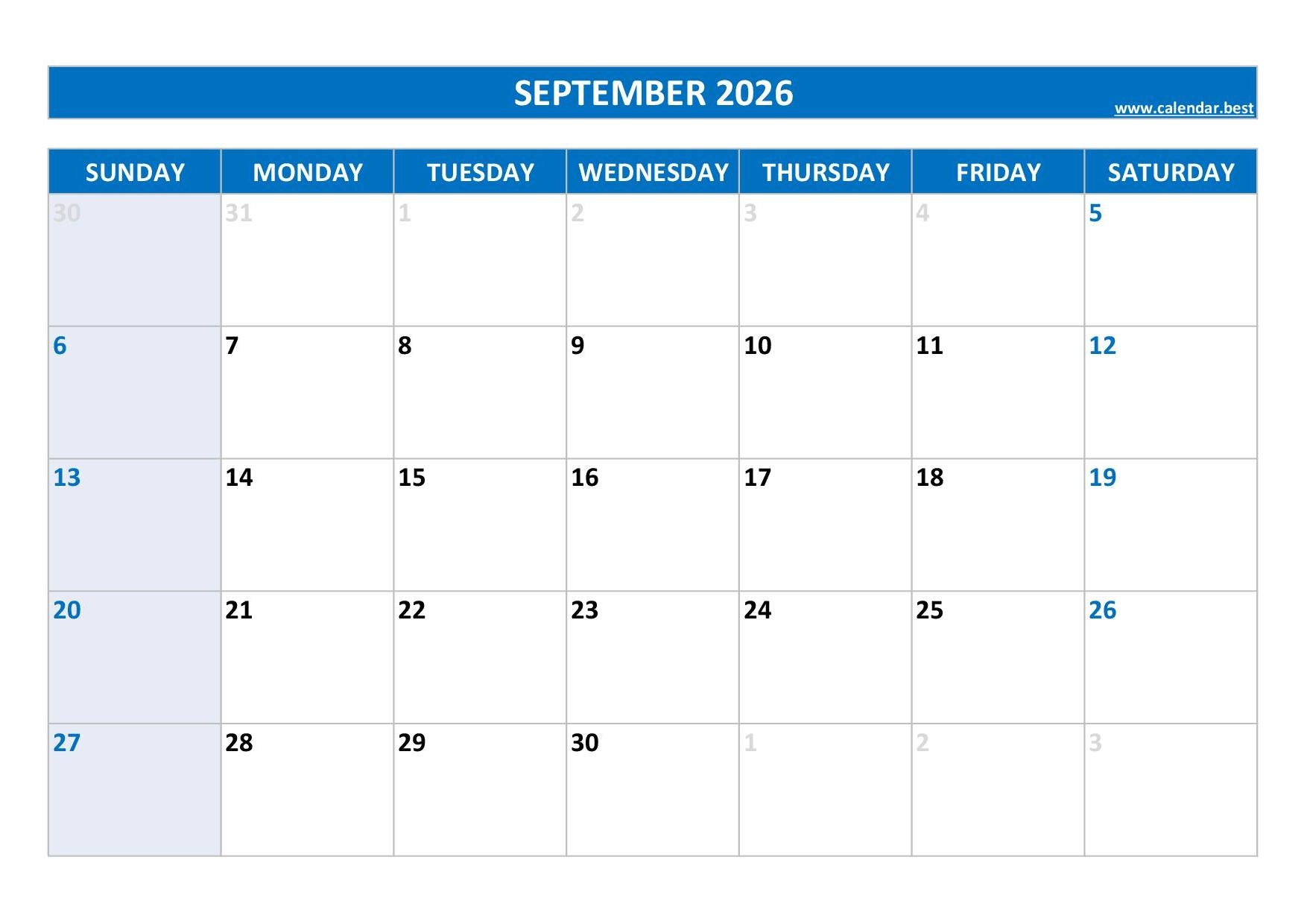 September 2026 To April 2026 Calendar