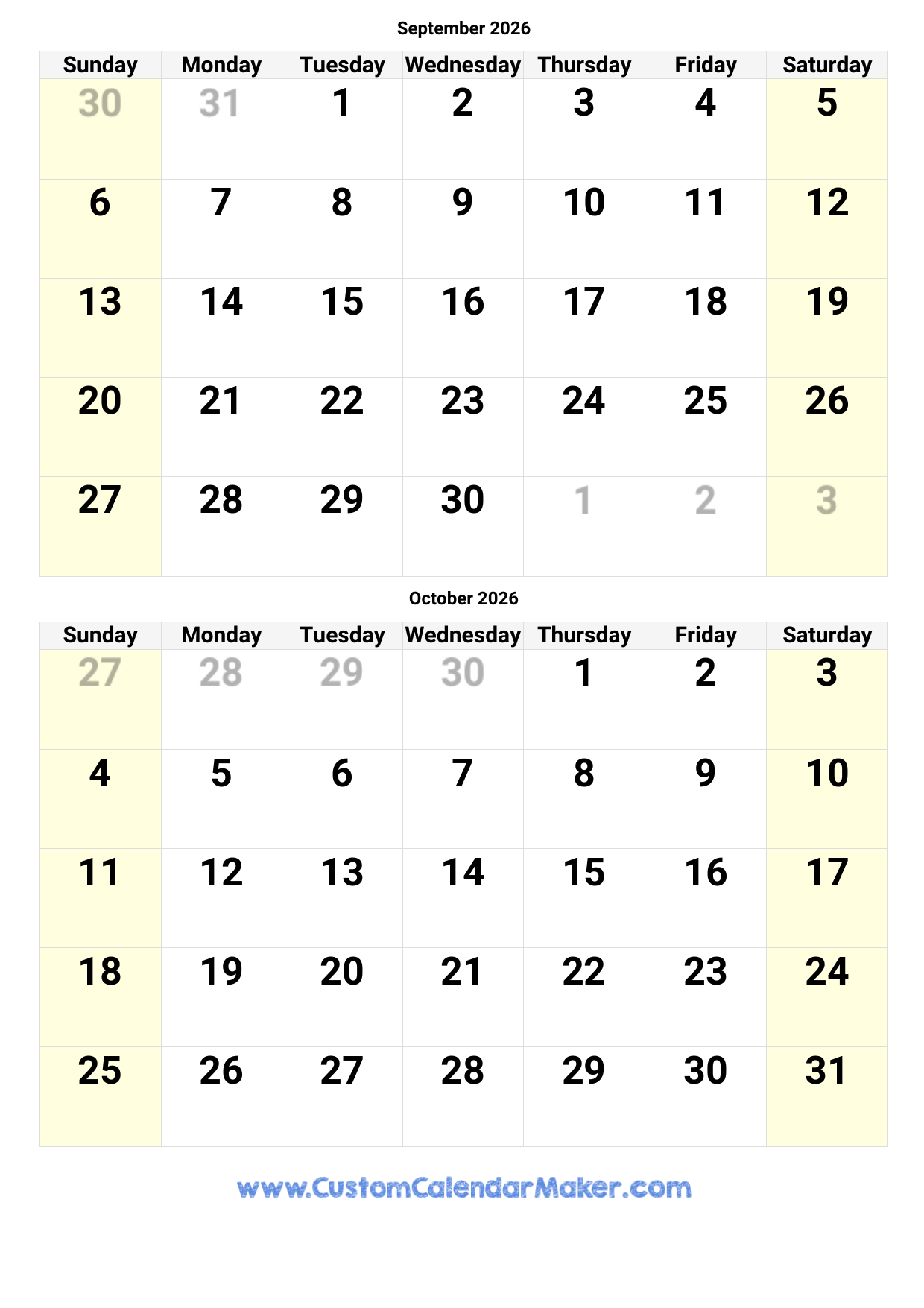 September And October 2026 Calendar Custom Calendar Maker