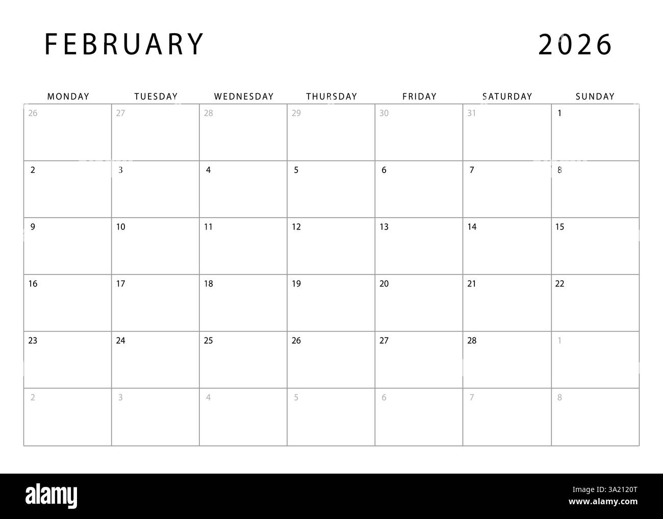 February Calendar 2026 Editable
