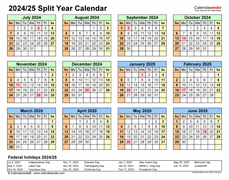 Split Year Calendars 2024 2025 July To June PDF Templates