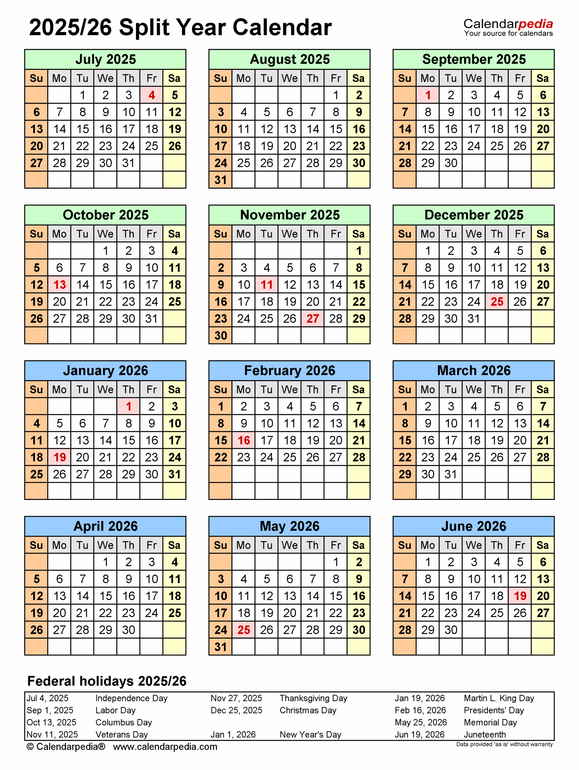 Split Year Calendars 2025 2026 July To June Word Templates