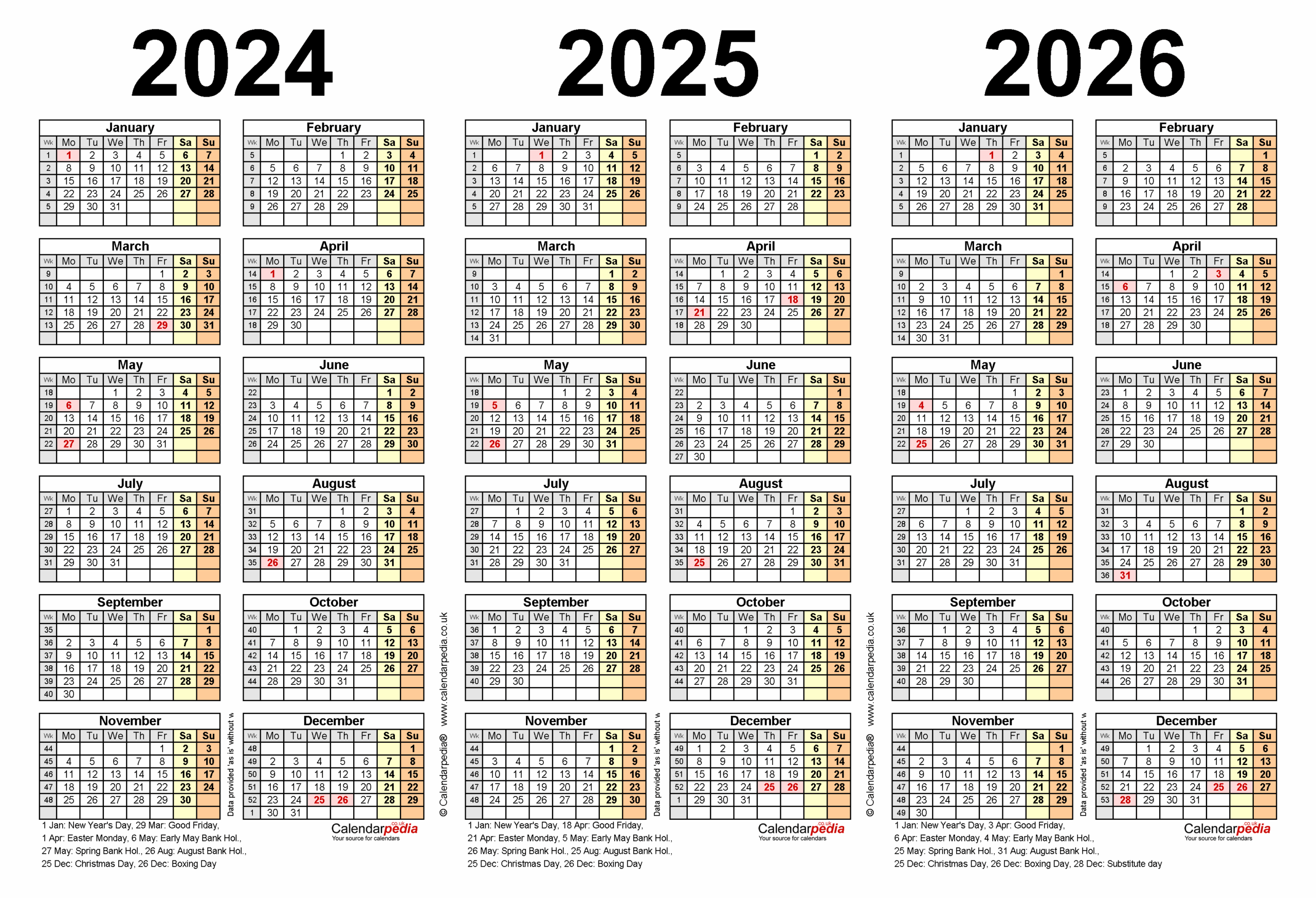 Three Year Calendars For 2024 2025 And 2026 UK For Excel
