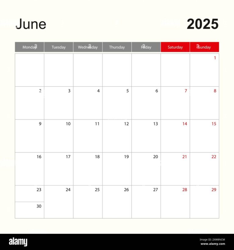 Wall Calendar Template For June 2025 Holiday And Event Planner Week Starts On Monday Vector Template Stock Vector Image U0026 Art Alamy