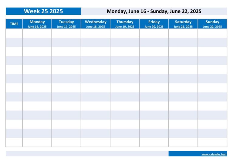 Week 25 2025 Dates Calendar And Weekly Schedule To Print