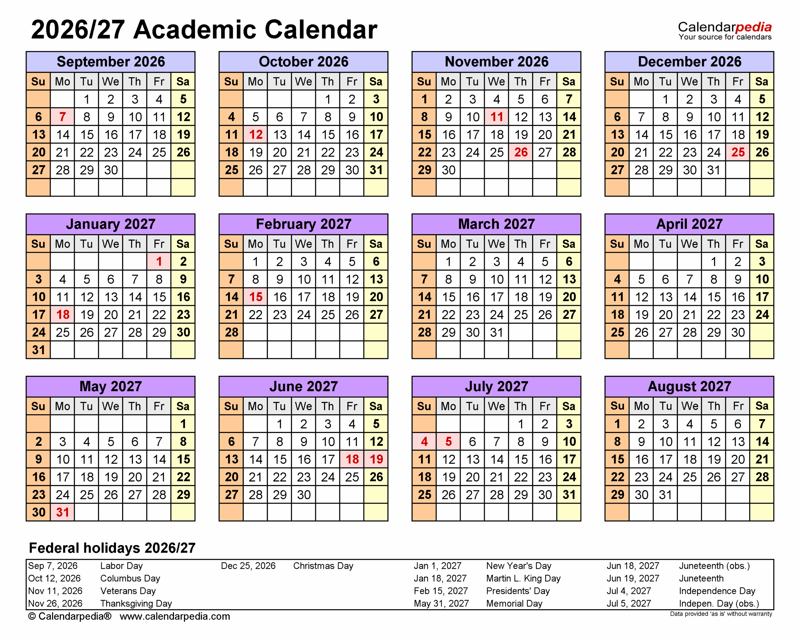 Academic Calendars 2026 2027 Free Printable PDF Templates