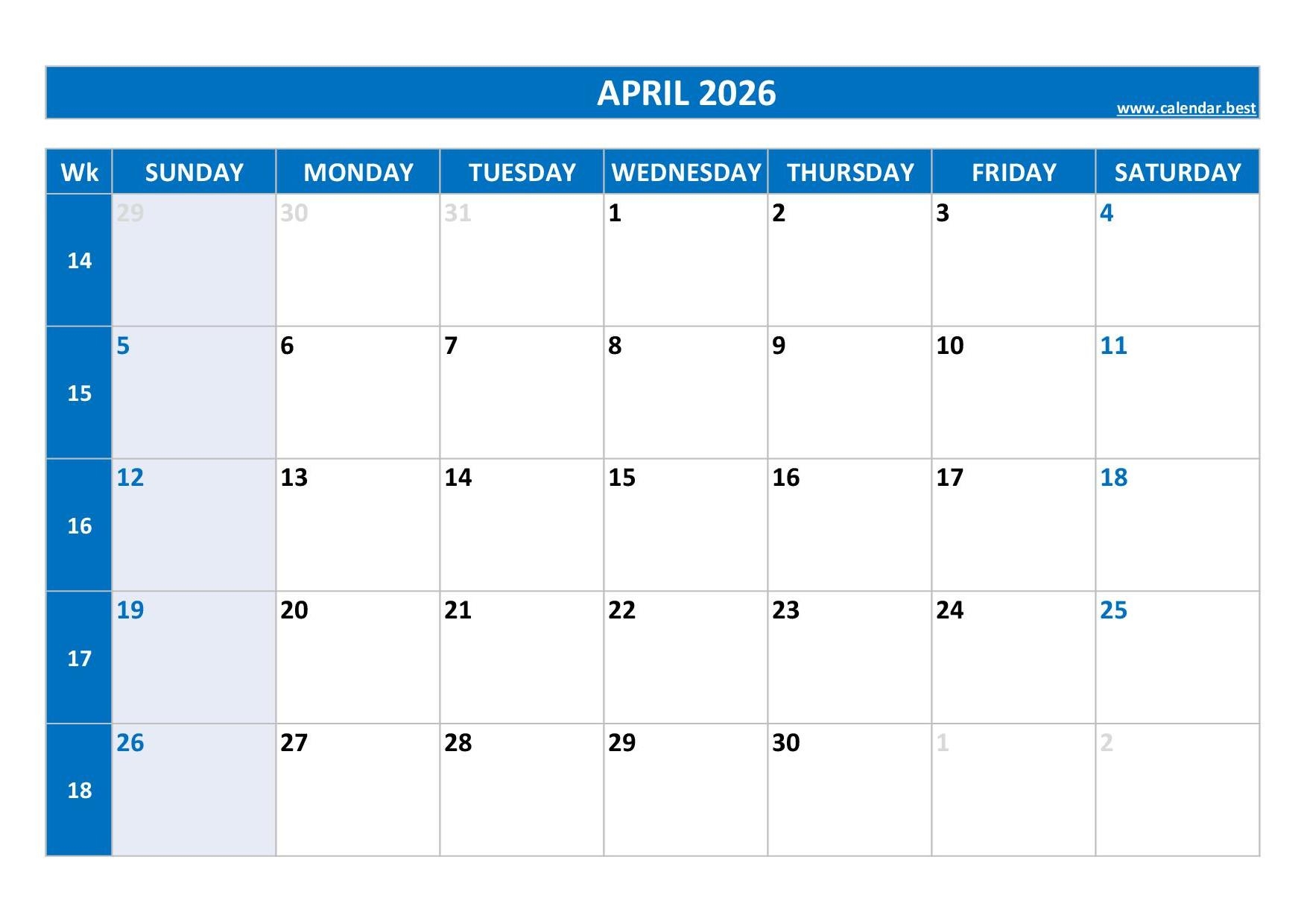 Show Me April Calendar 2026