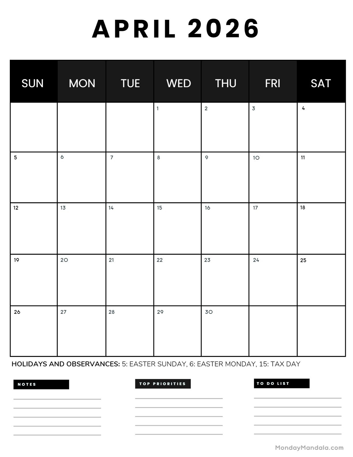 April 2026 Calendar Printable Portrait