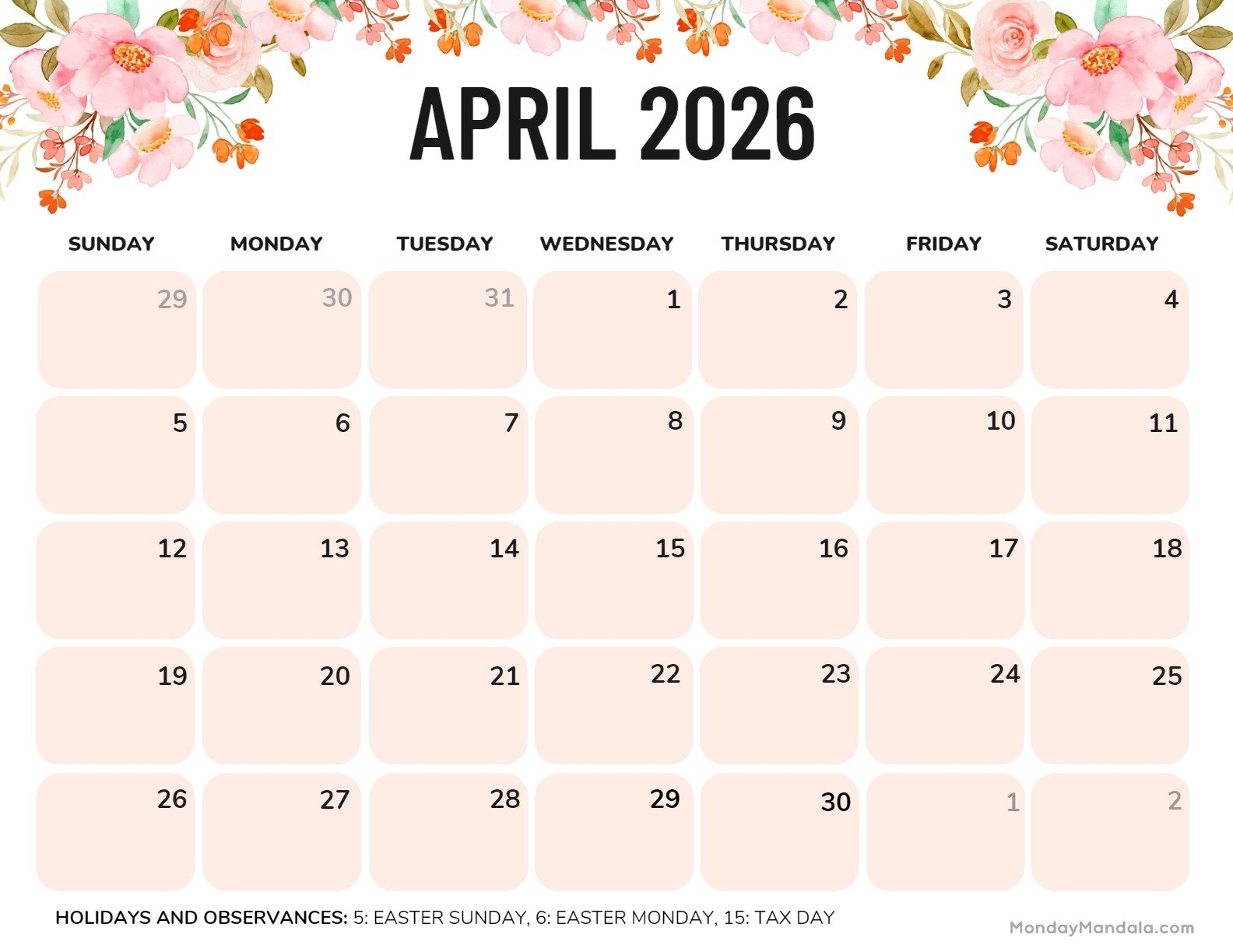 April Calendar 2026 Images
