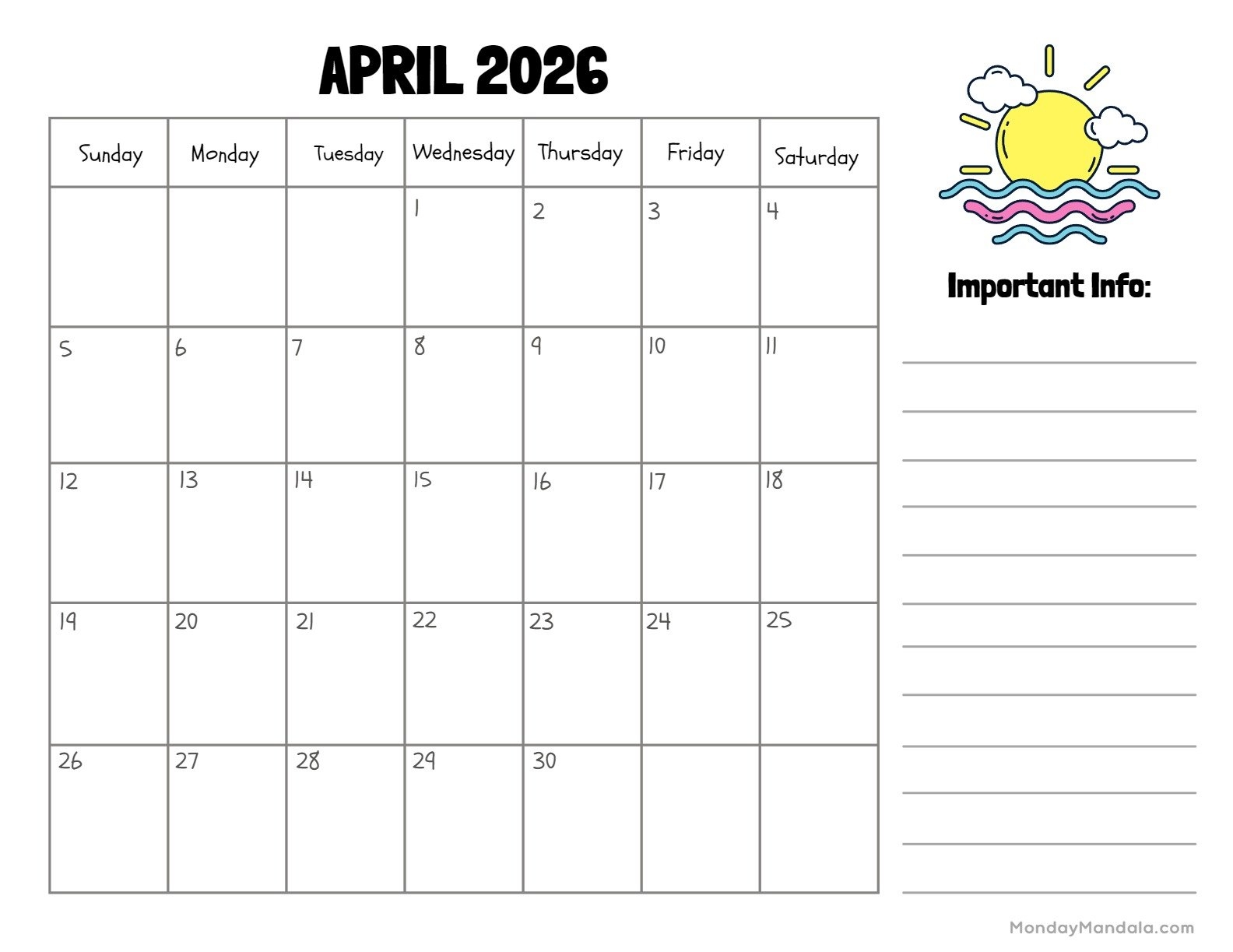 April Calendar 2026 For Kids