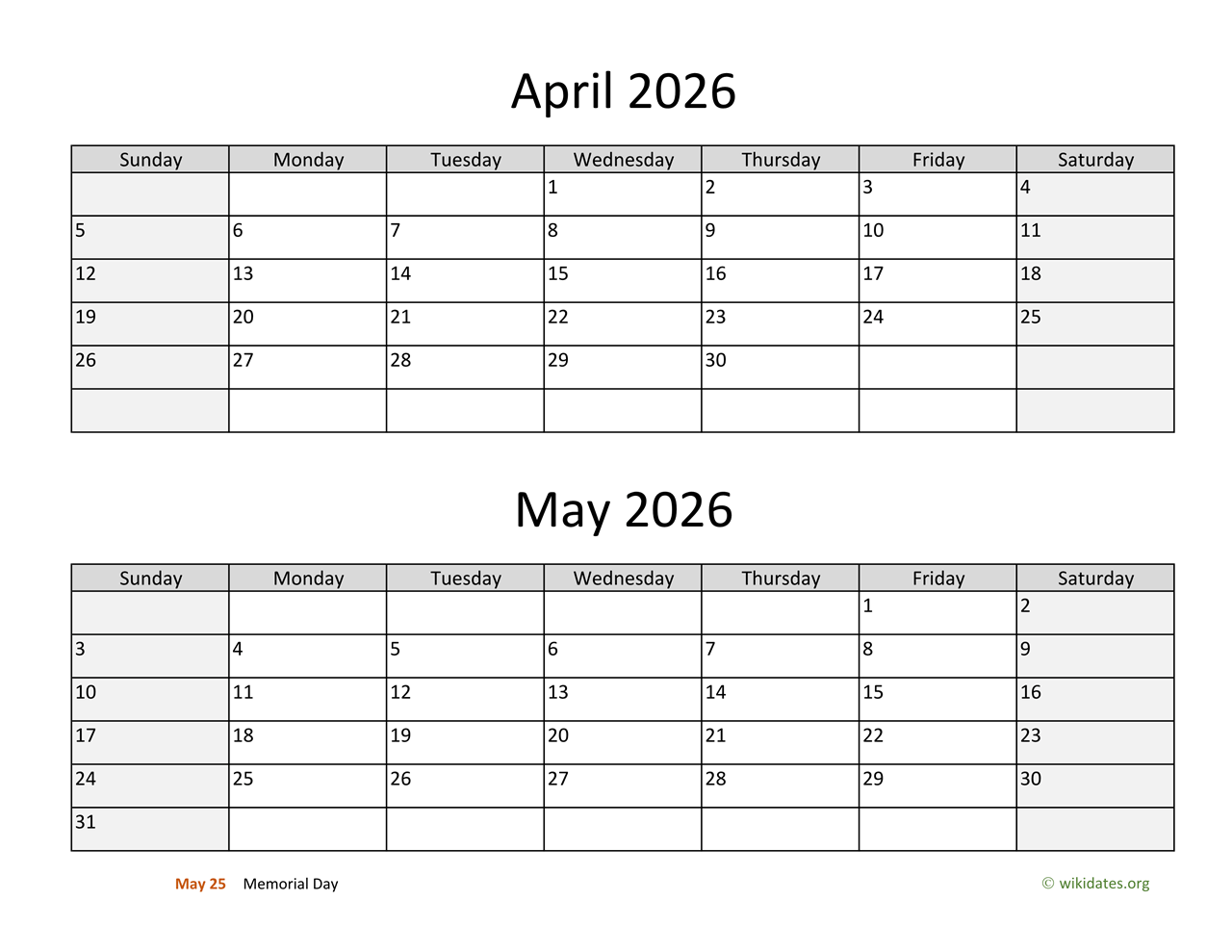 Three Month Calendar March April May 2026