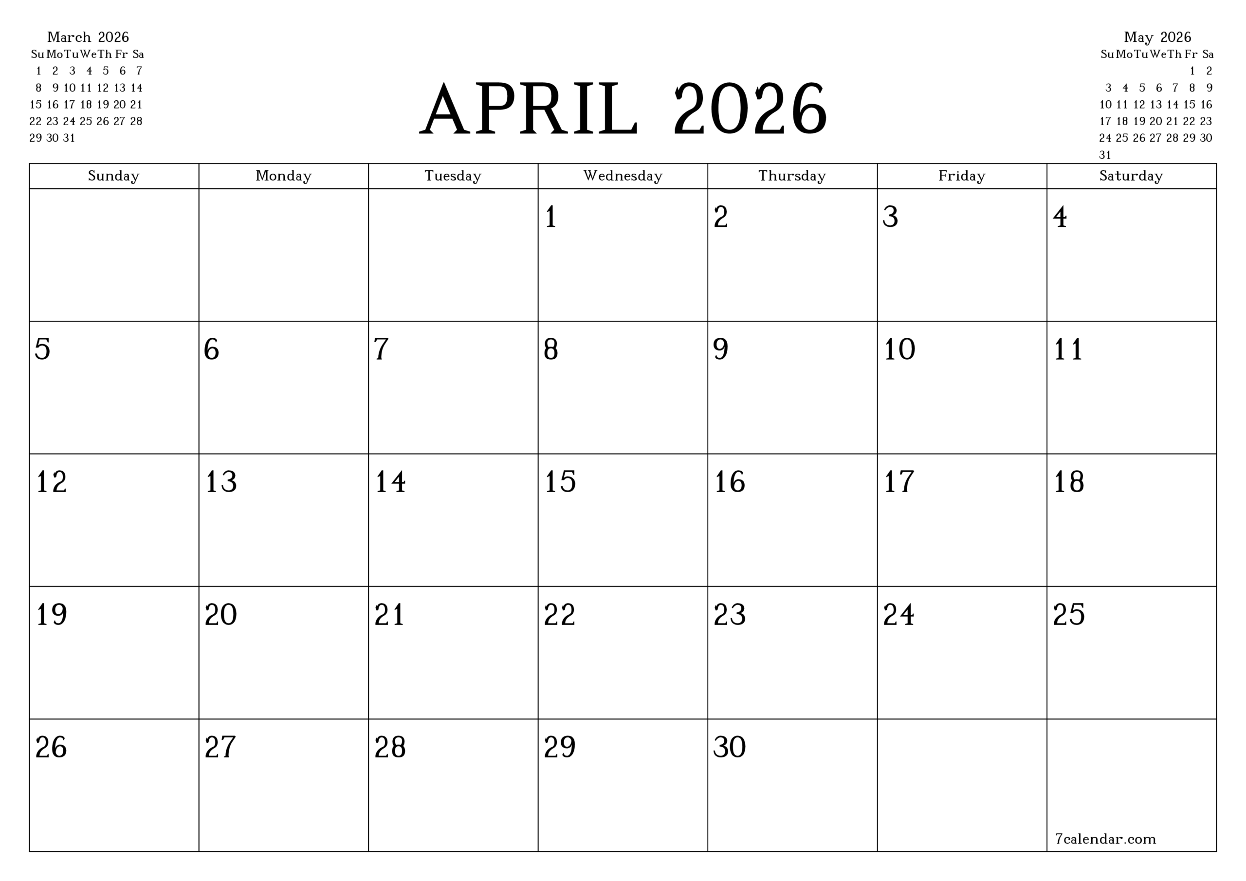 April Calendar 2026 Printable Template 7calendar