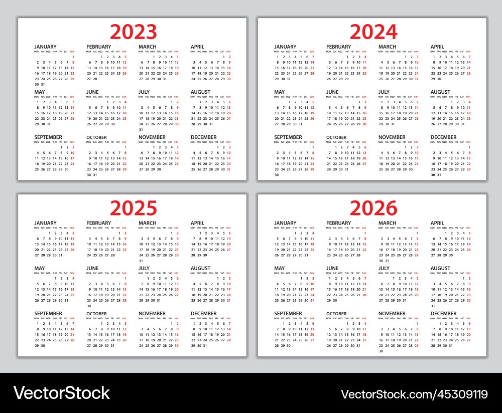 Calendar 2023 2024 2025 2026 Template Planner Vector Image