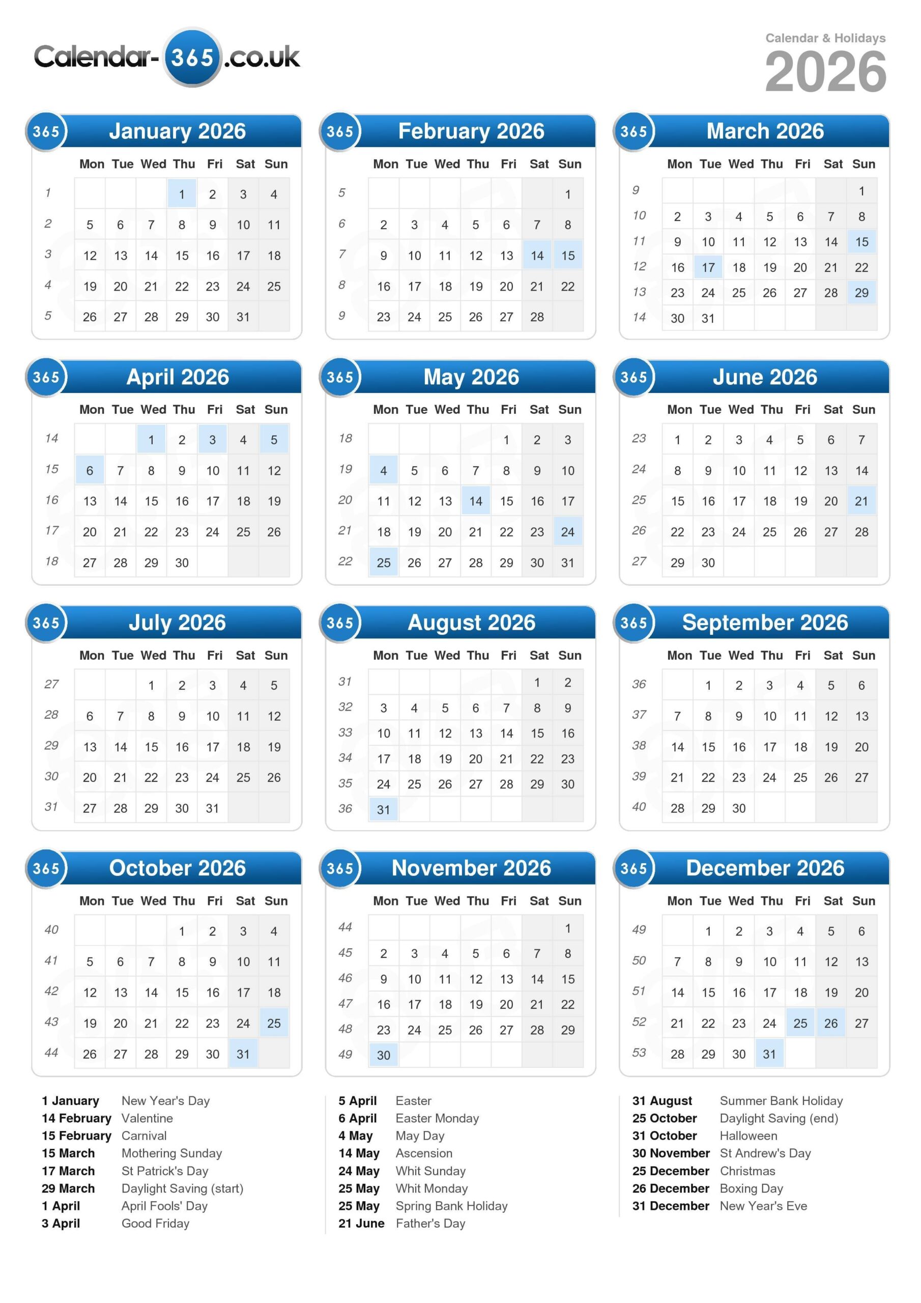 January 2026 Calendar Bank Holidays