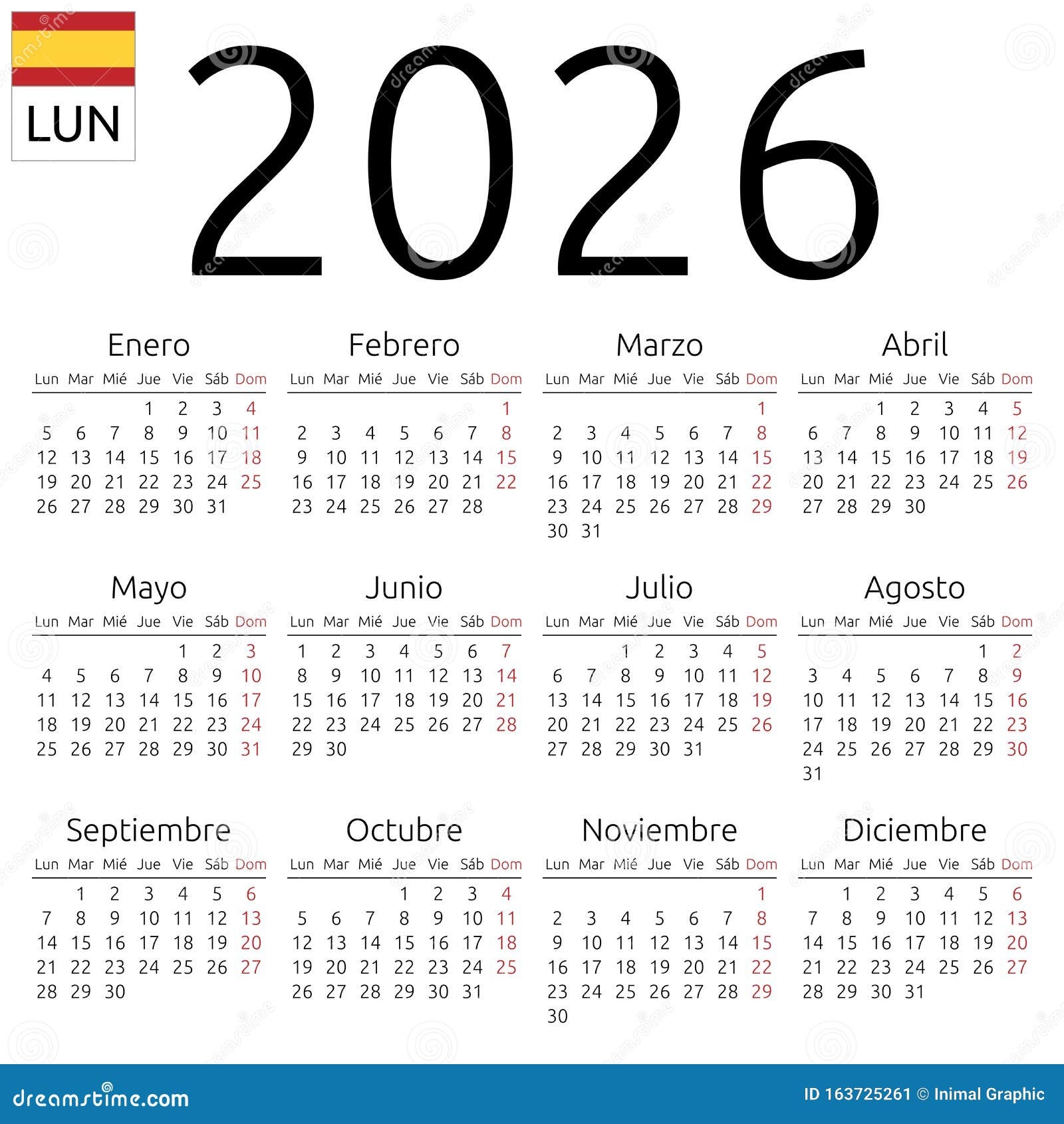Calendar 2026 Spanish Monday Stock Vector Illustration Of 