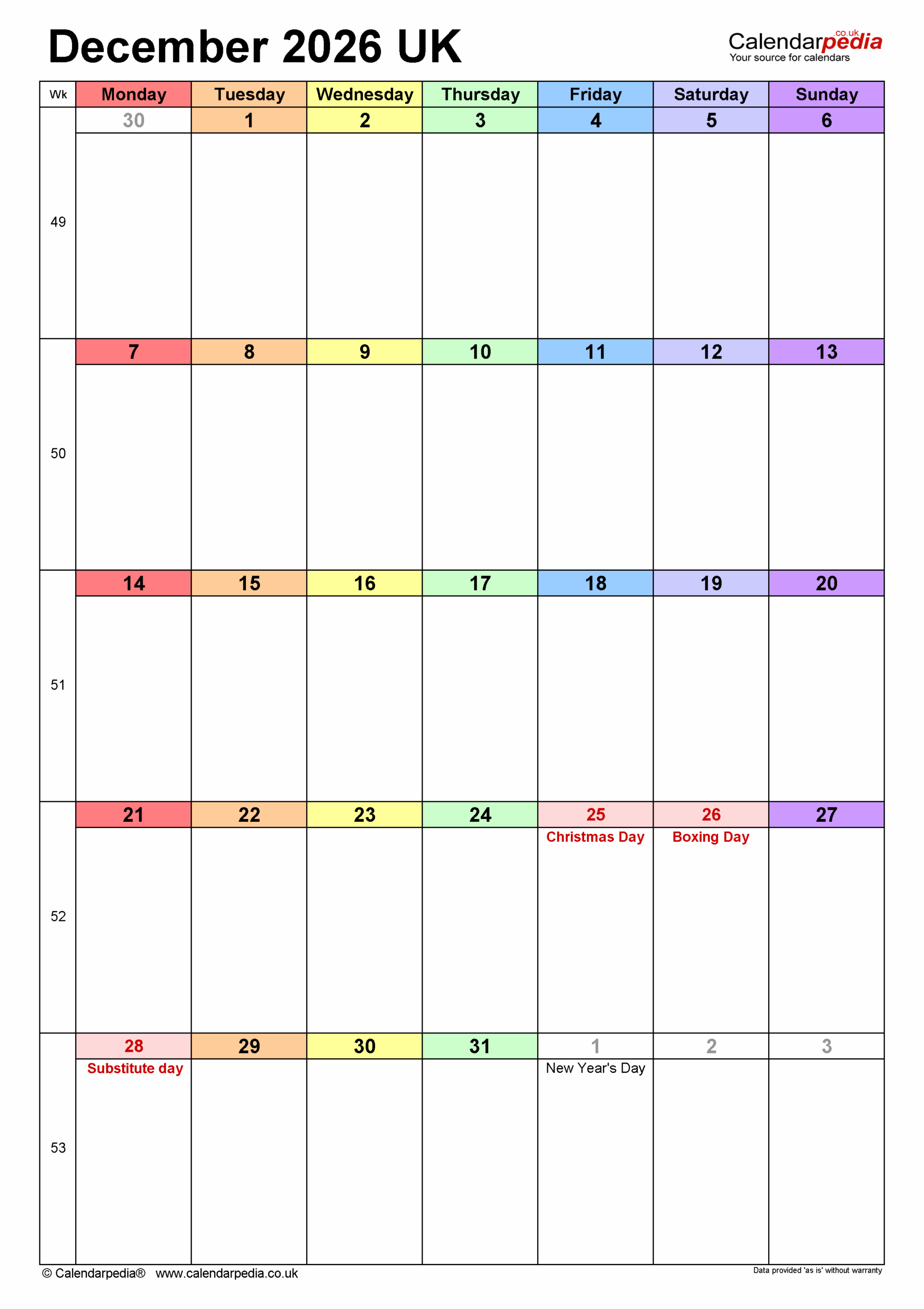 Calendar December 2026 UK With PDF Excel And Word Templates