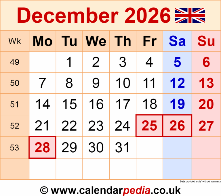 Calendar December 2026 UK With PDF Excel And Word Templates