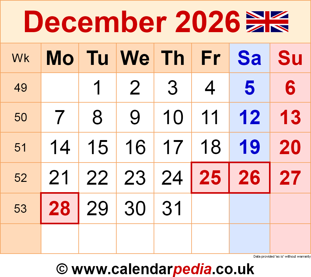 Calendar December 2026 UK With PDF Excel And Word Templates