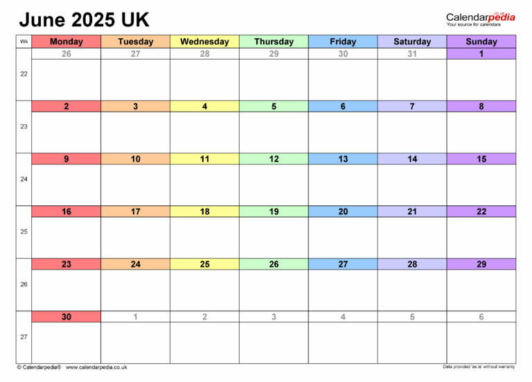 Calendar June 2025 UK With PDF Excel And Word Templates