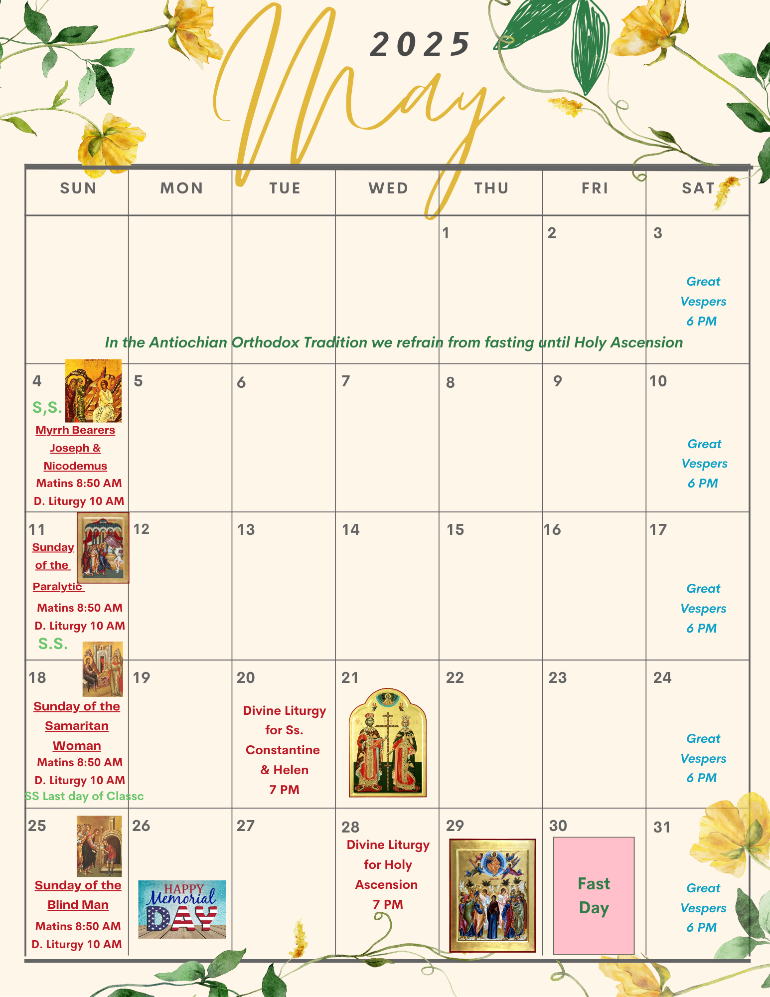 Calendar St Elias Antiochian Orthodox Church