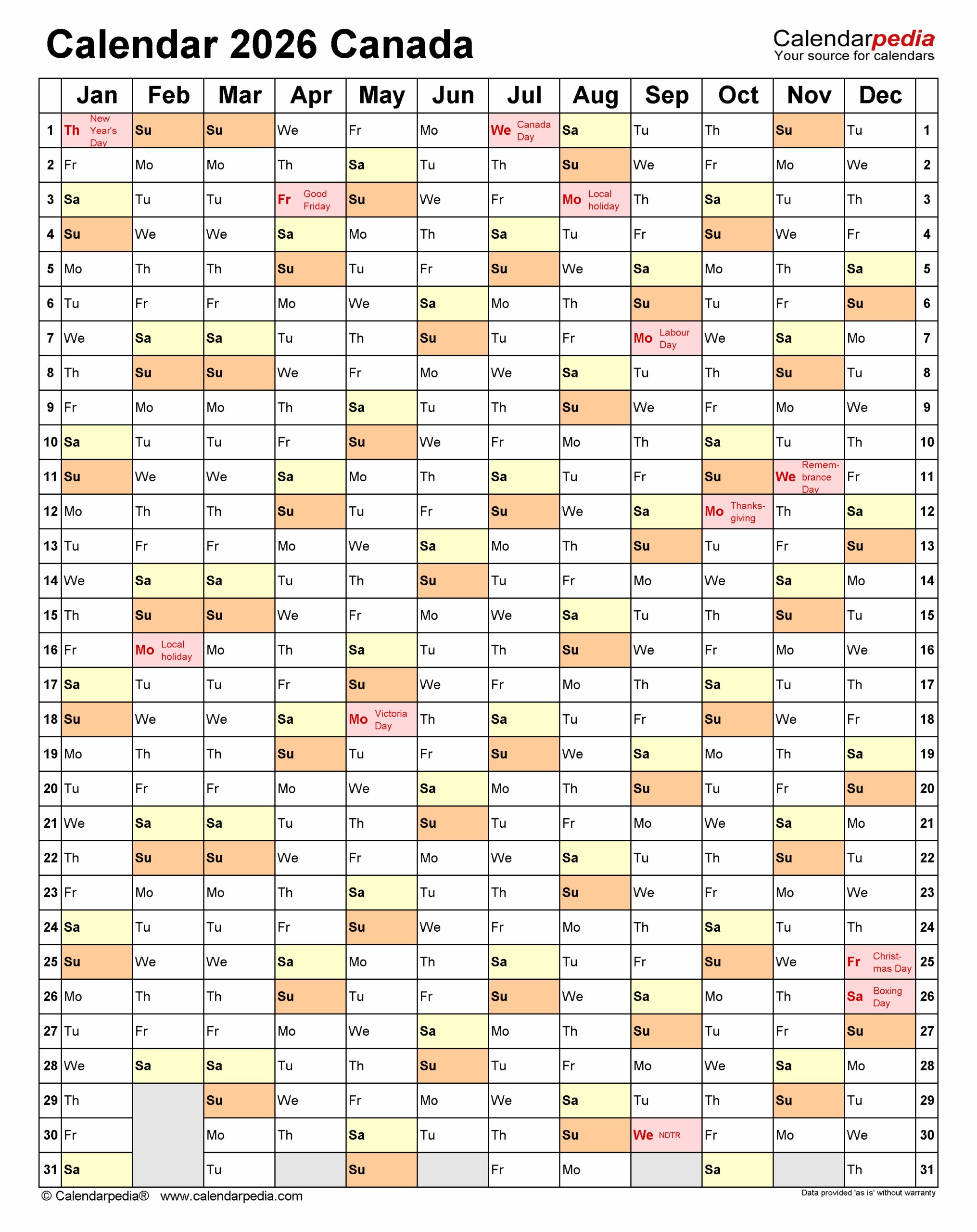 Canada Calendar 2026 Free Printable PDF Templates
