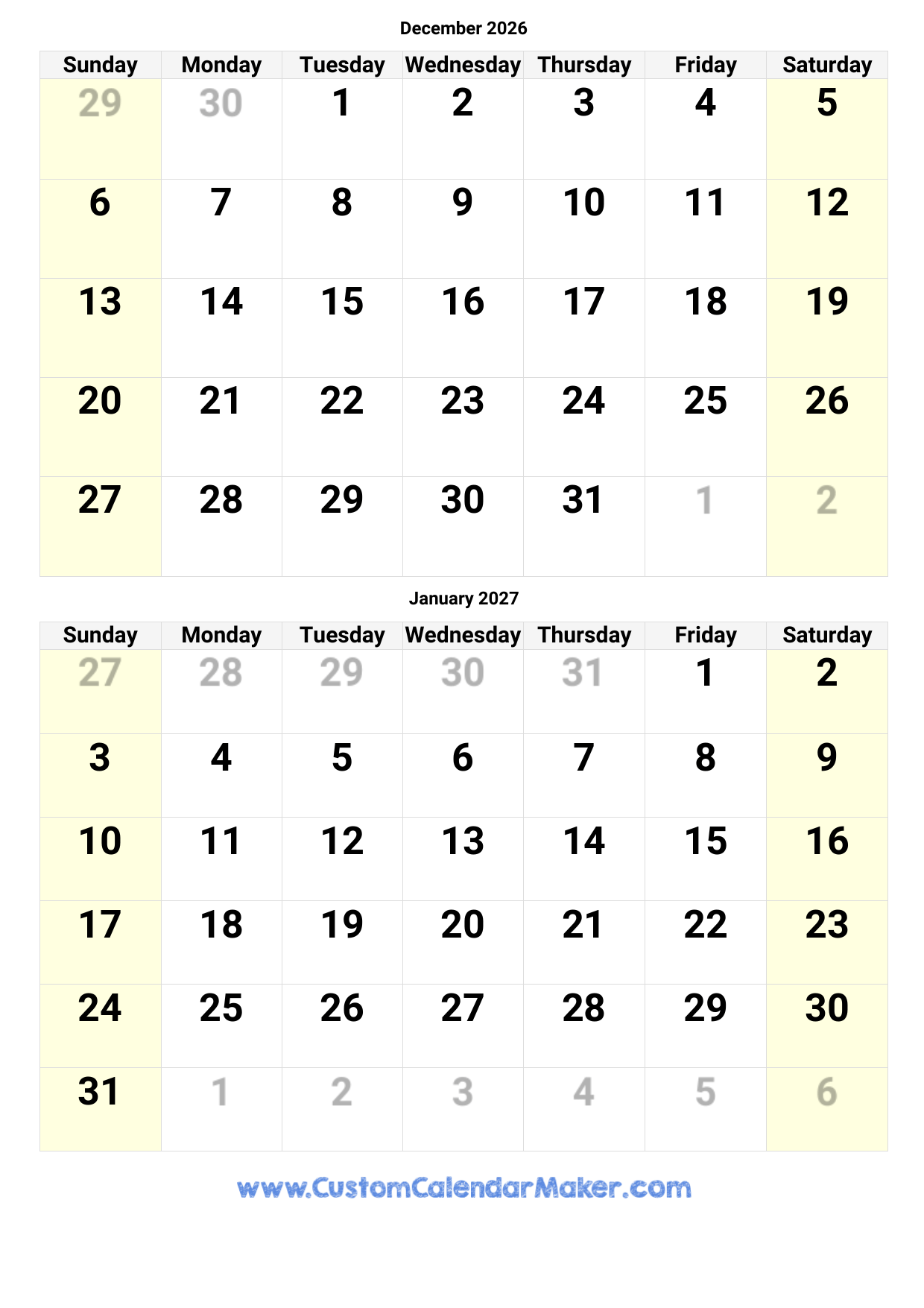 December January Calendar 2023 2026