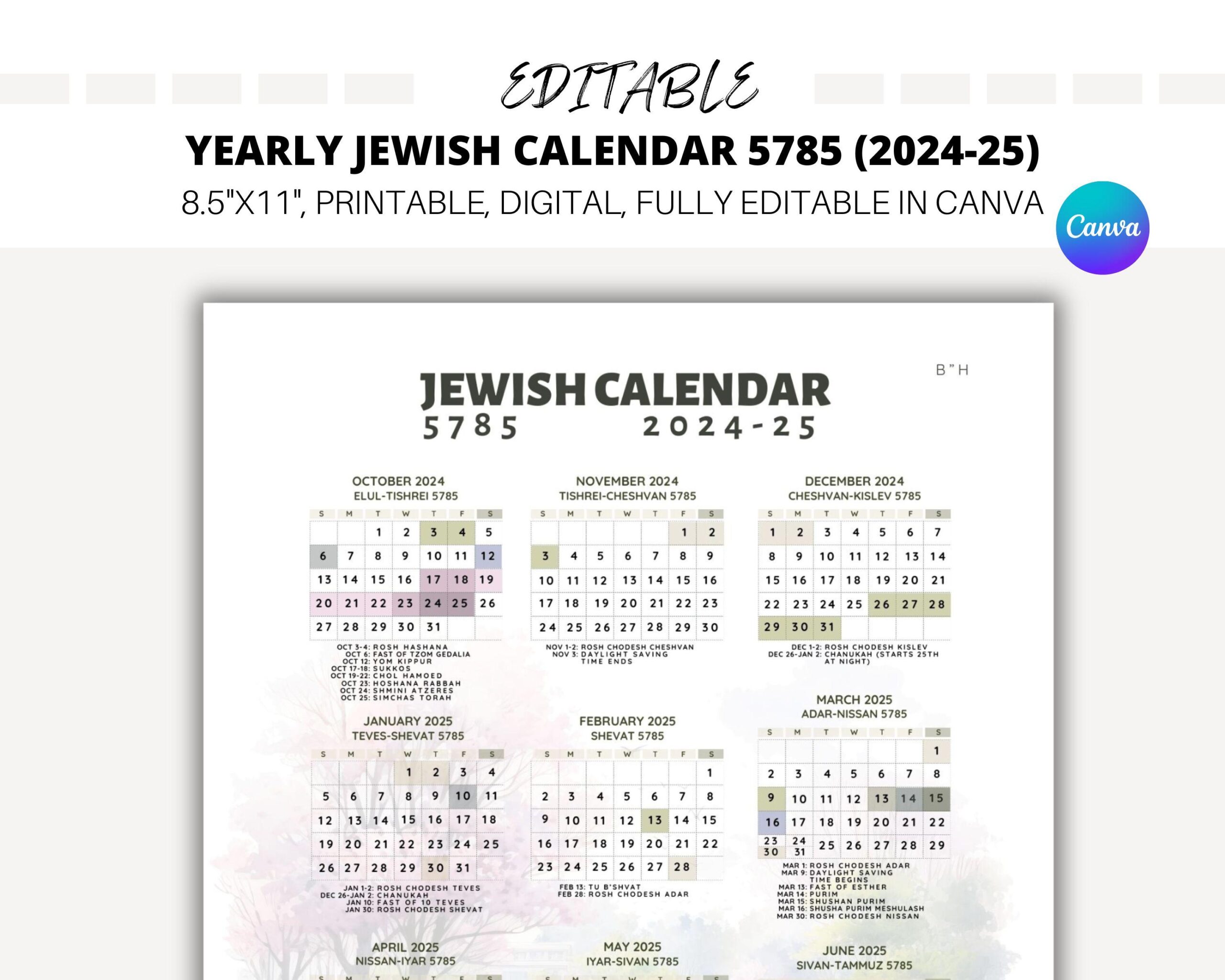EDITABLE Yearly Jewish Calendar Jewish Calendar 5785 Hebrew Calendar 2024 2025 Hebrew Calendar 5785 Jewish Holidays Canva Template Etsy