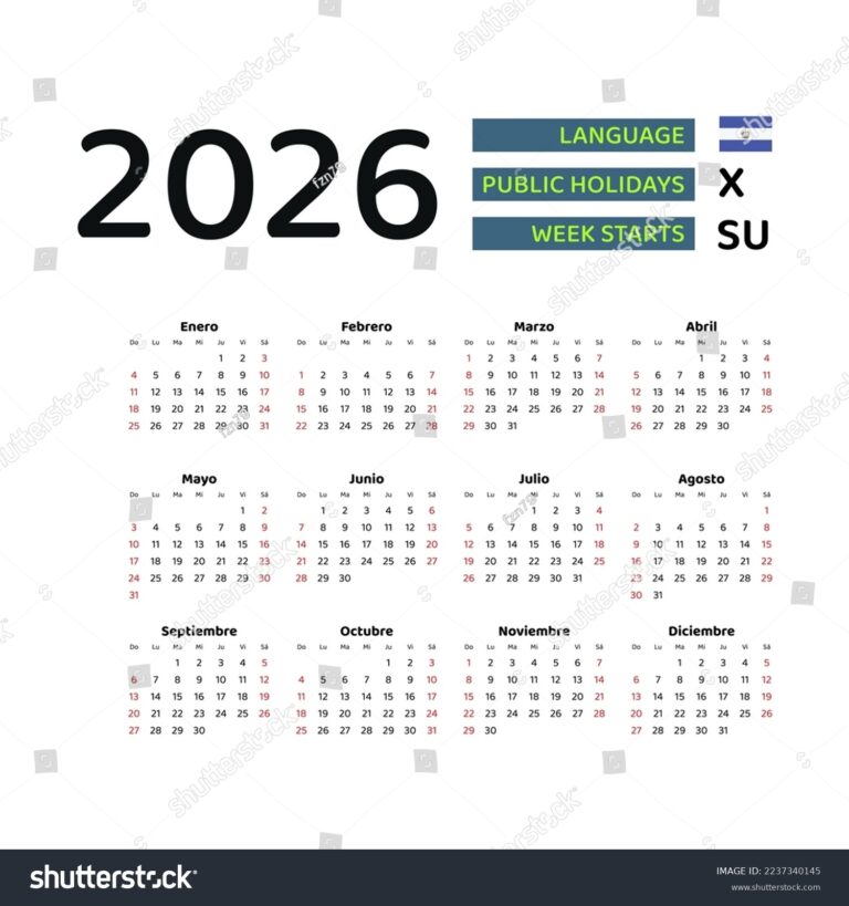El Salvador Calendar 2026 Week Starts Stock Vector Royalty Free 2237340145 Shutterstock