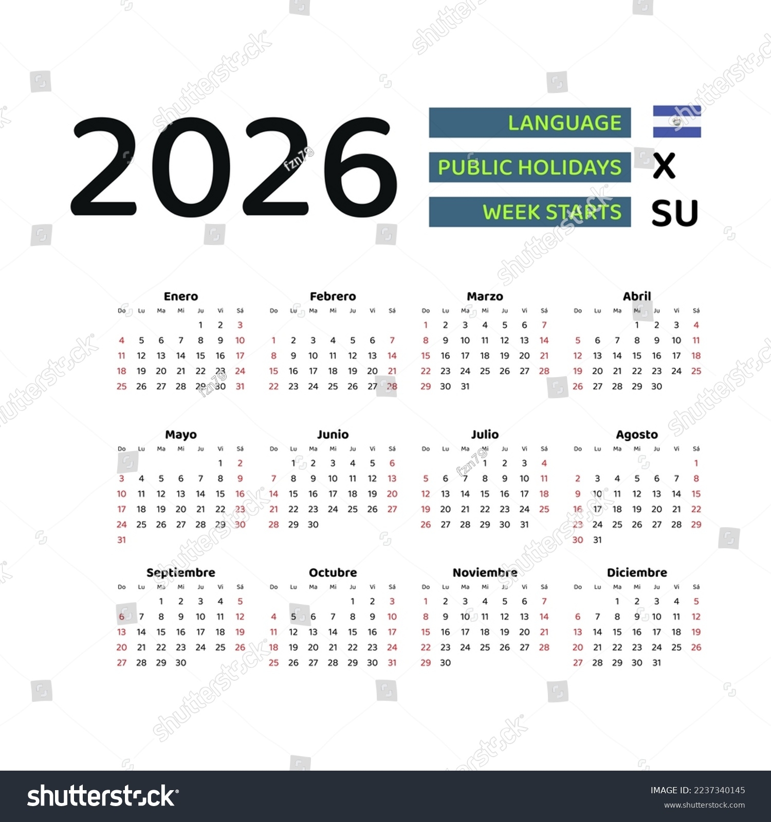El Salvador Calendar 2026 Week Starts Stock Vector Royalty Free 2237340145 Shutterstock