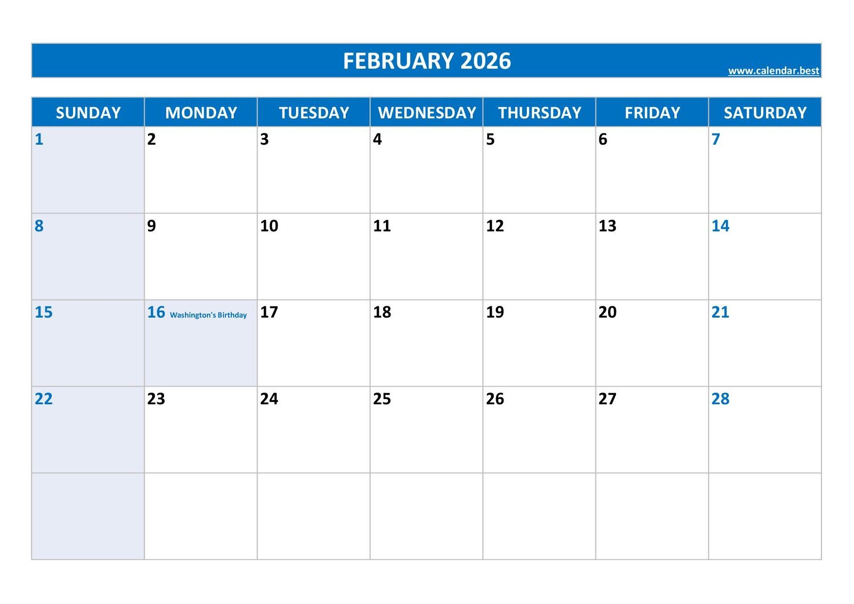 February Calendar 2026 Holidays
