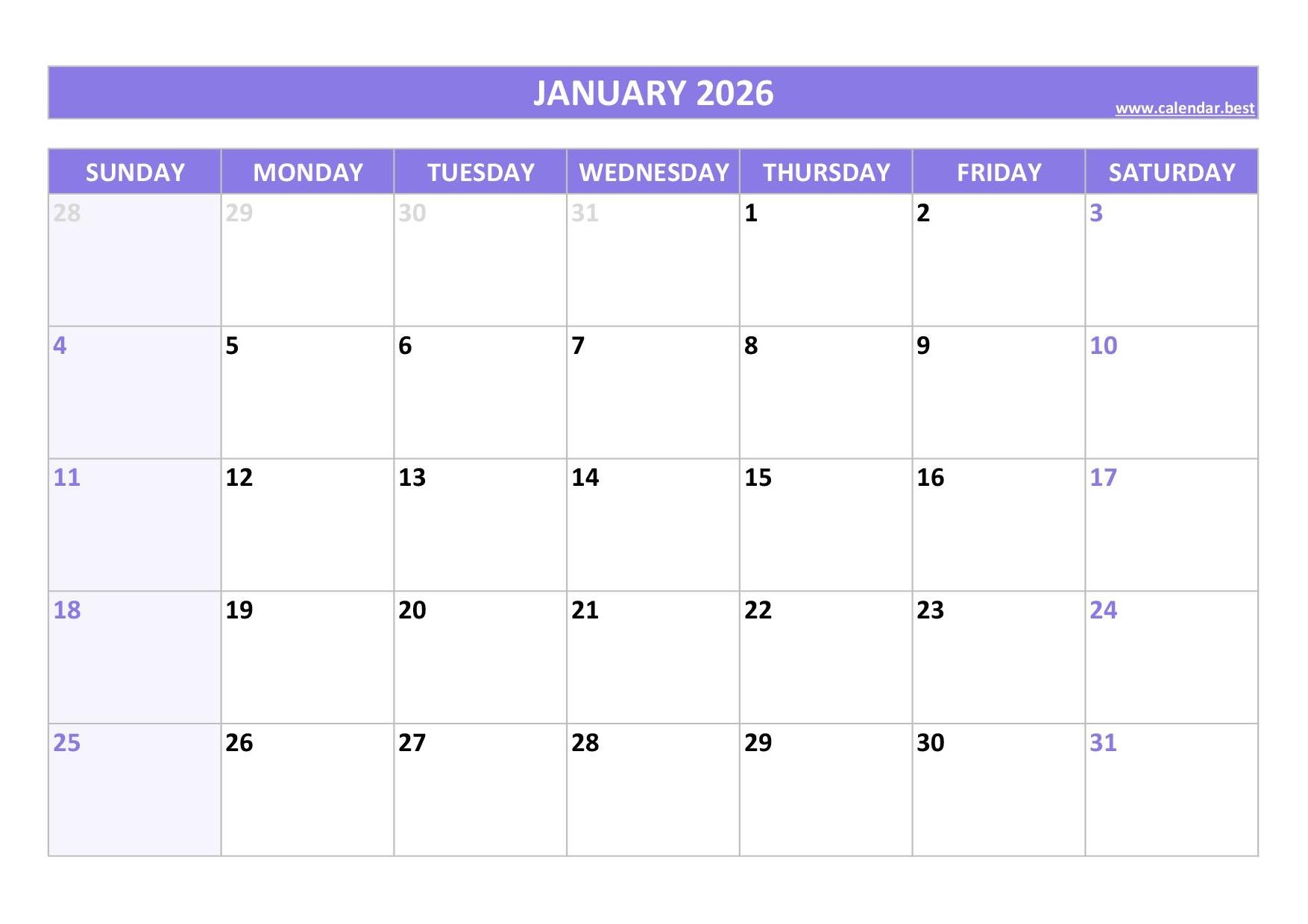 January 2026 Calendar Weekly Printable