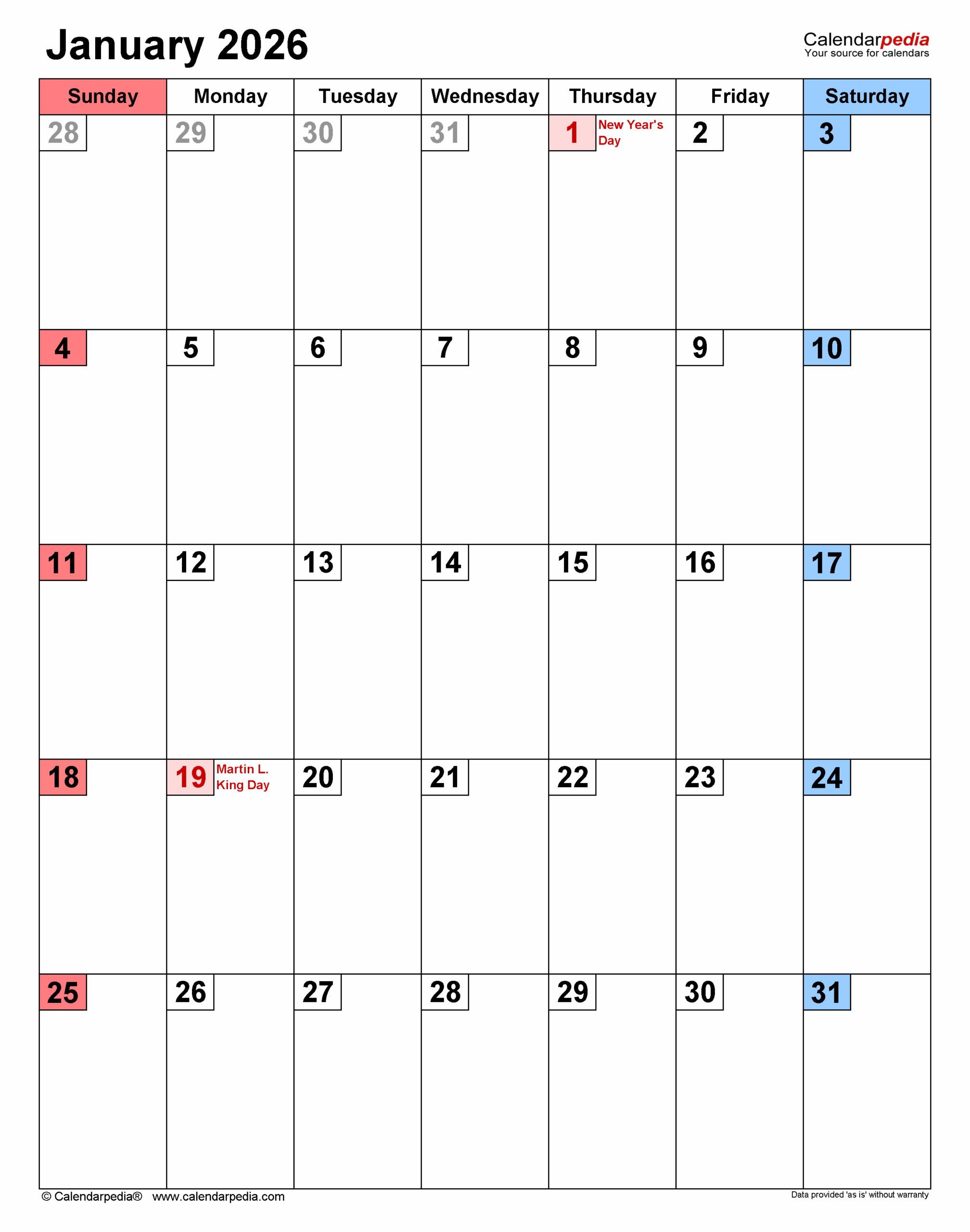 January Calendar 2026 Vertical