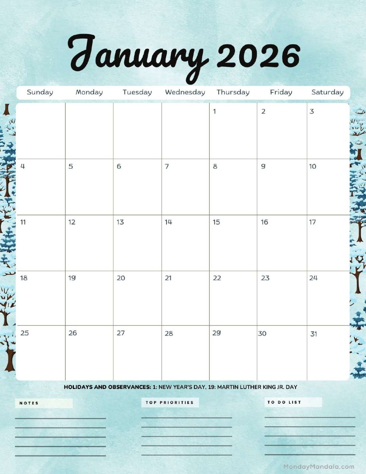 January Weather 2026 Calendar