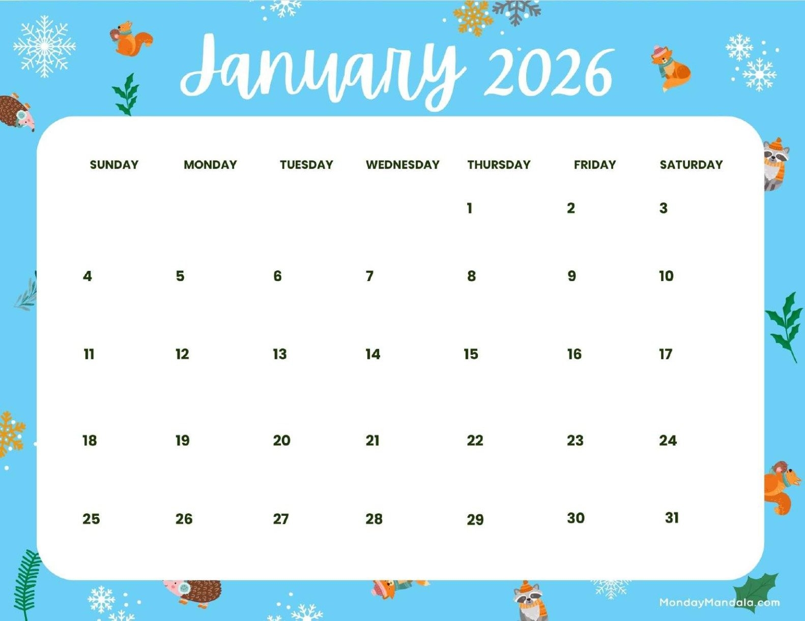 January Calendar 2026 Kids
