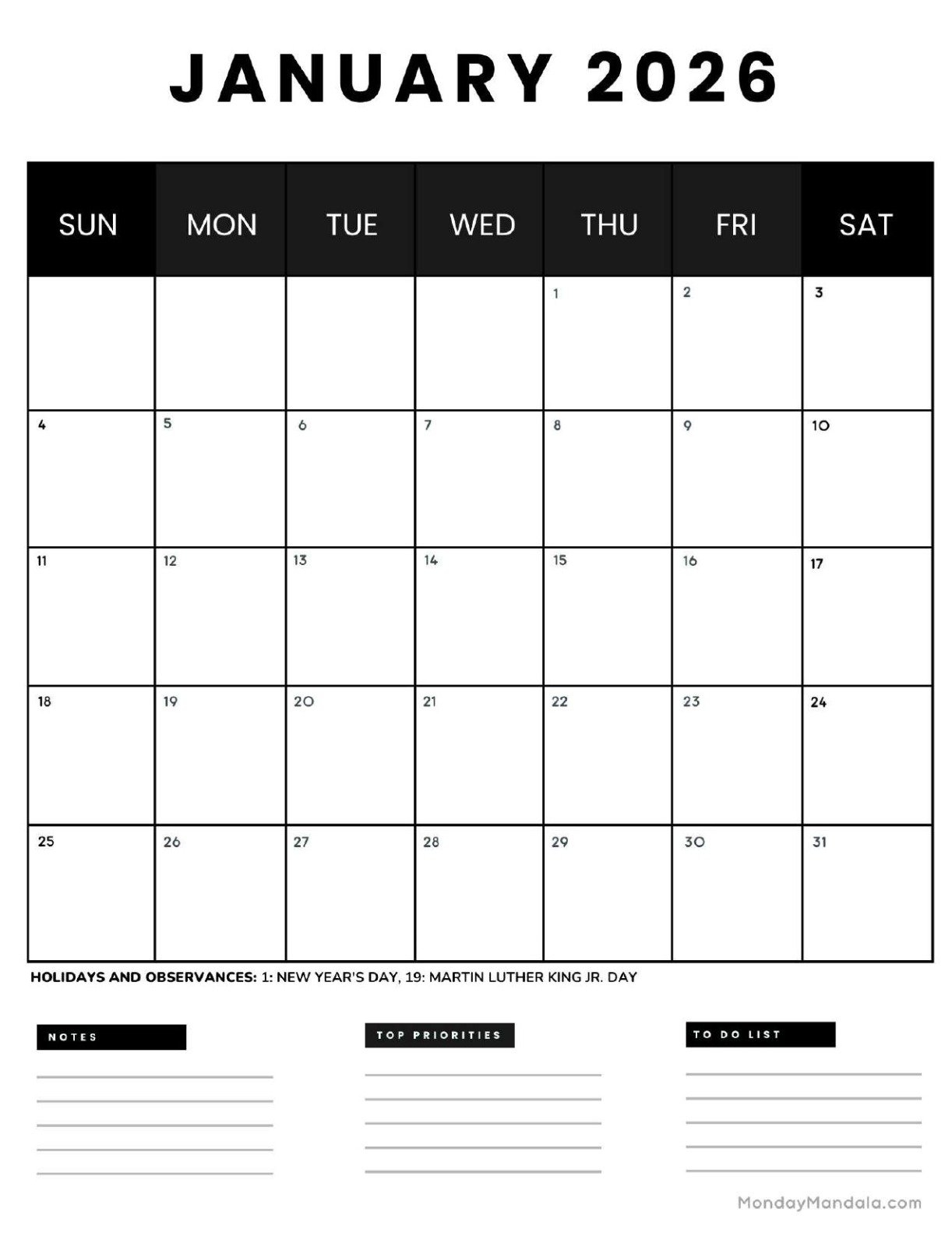 Small January Calendar 2026
