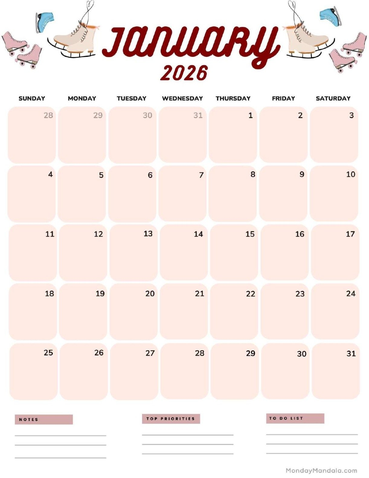 Kids January 2026 Calendar