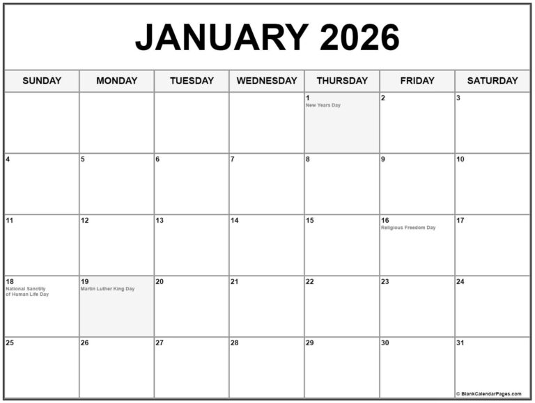 January 2026 With Holidays Calendar