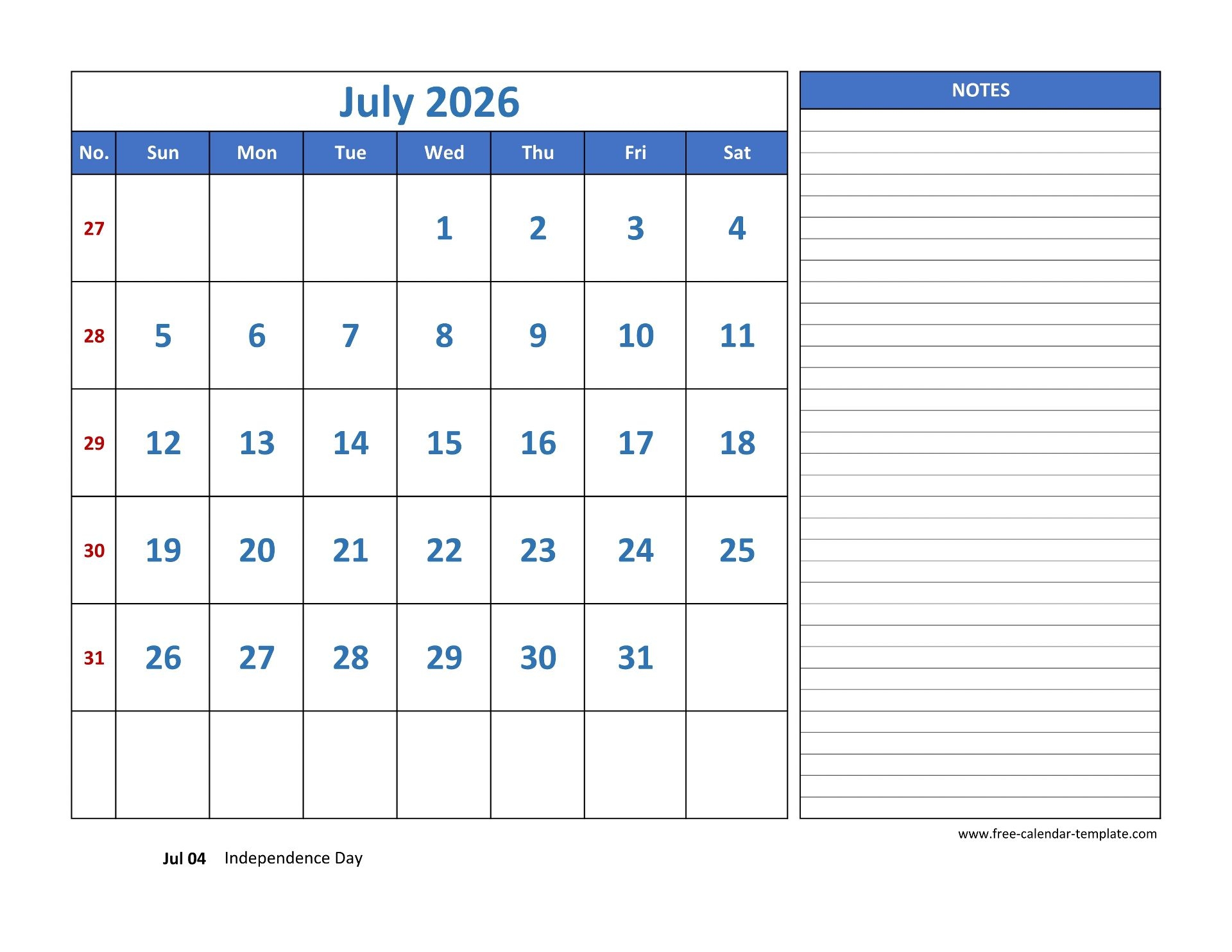 July Calendar 2026 Grid Lines For Holidays And Notes horizontal Free Calendar template