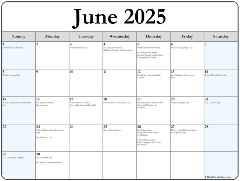 June 2025 With Holidays Calendar