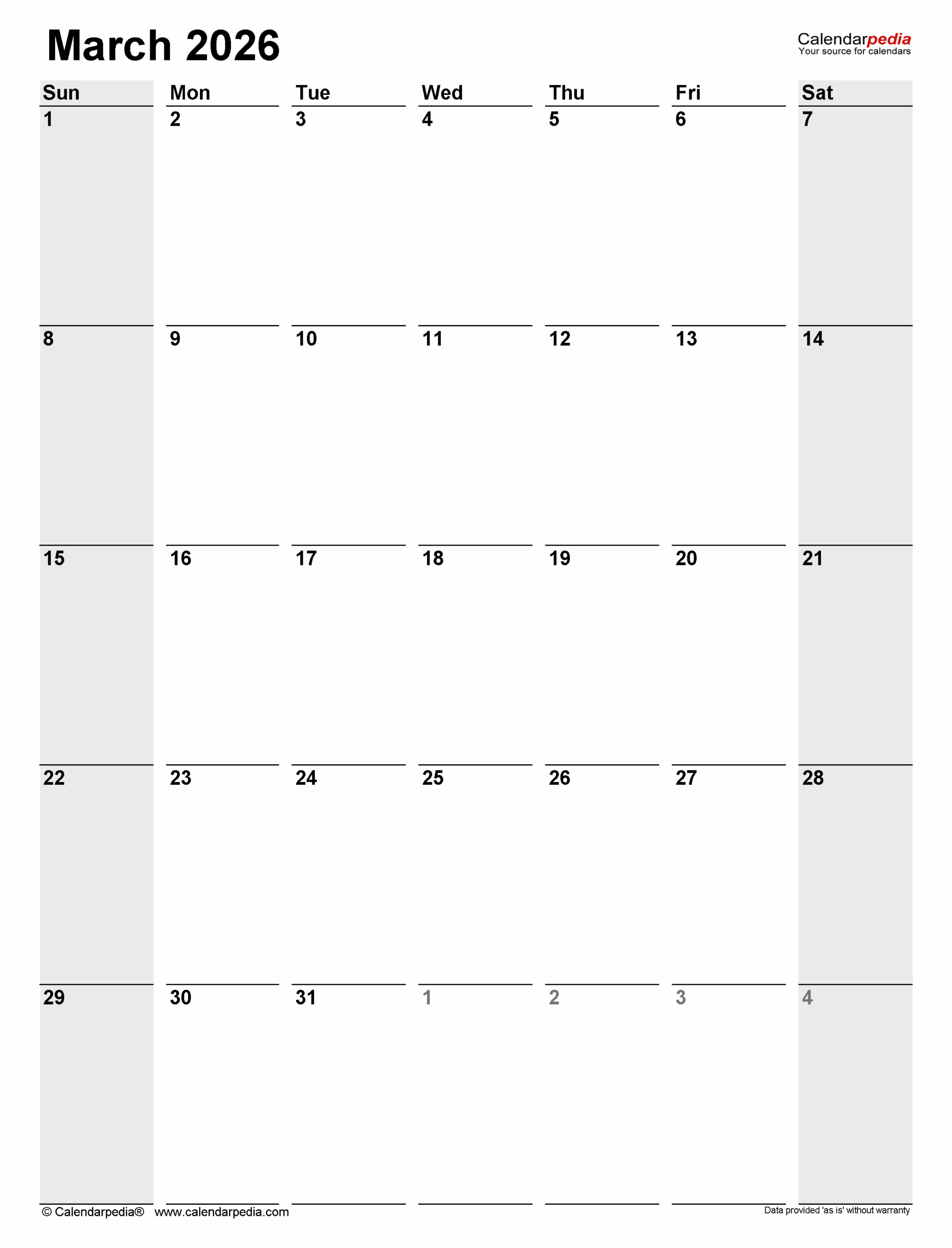 Fillable March Calendar 2026